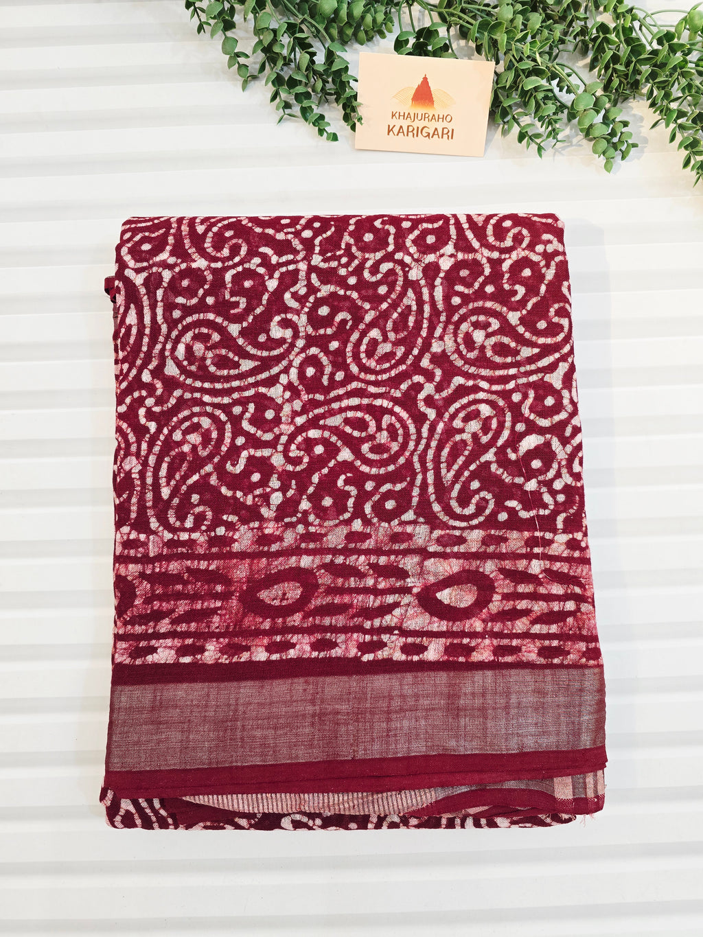Handcrafted Linen Saree with Hand Block Hot Wax Batik - Maroon