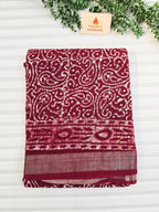 Handcrafted Linen Saree with Hand Block Hot Wax Batik - Maroon