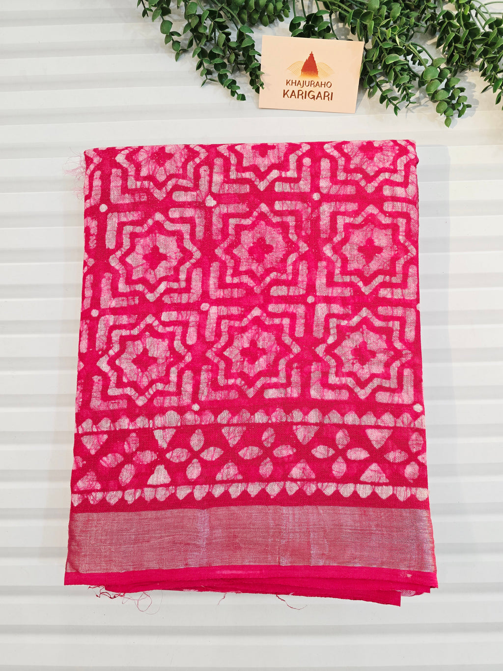 Handcrafted Linen Saree with Hand Block Hot Wax Batik - Rani Pink
