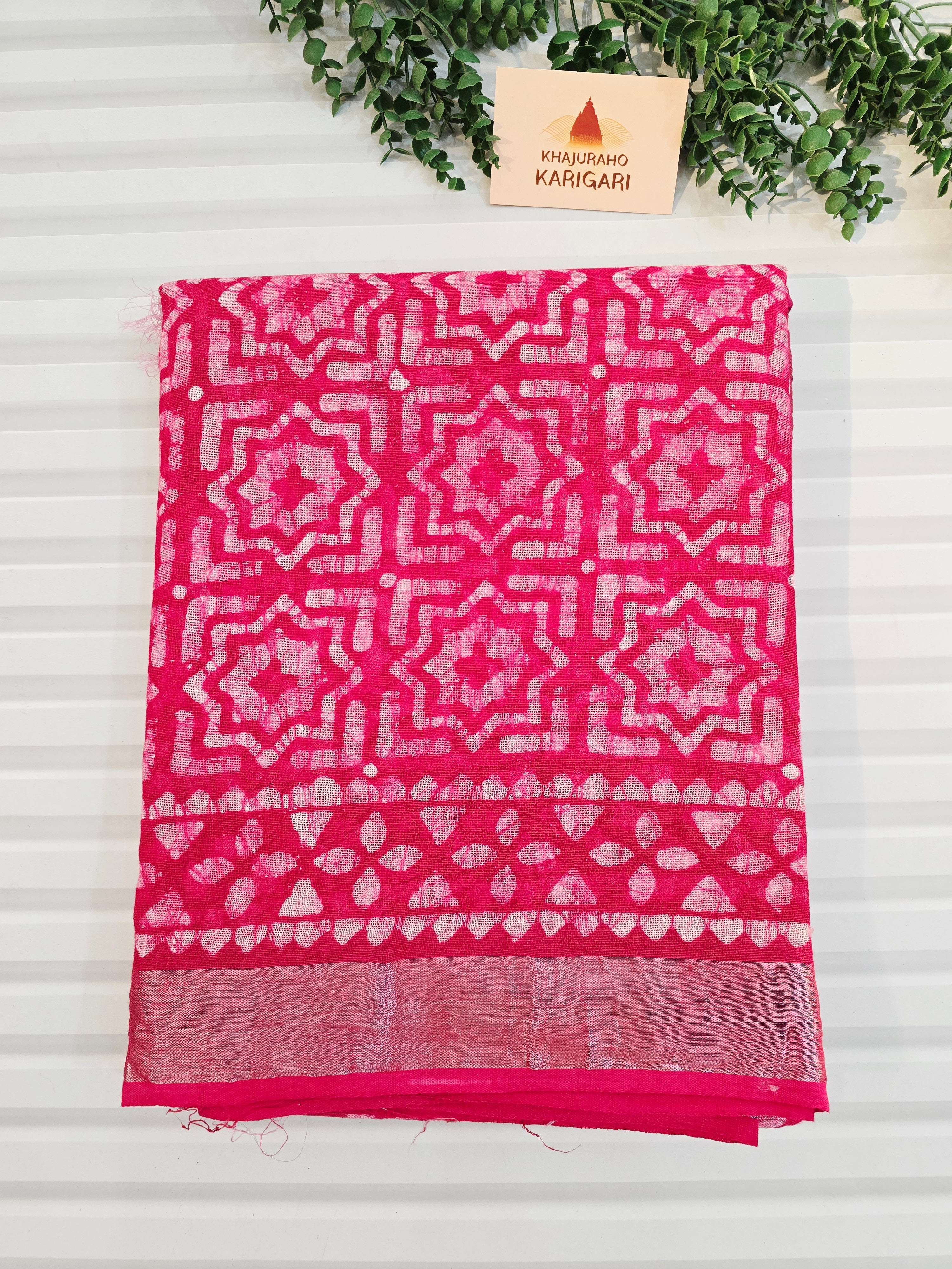 Handcrafted Linen Saree with Hand Block Hot Wax Batik - Rani Pink