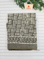 Handcrafted Linen Saree with Hand Block Hot Wax Batik - Olive Green