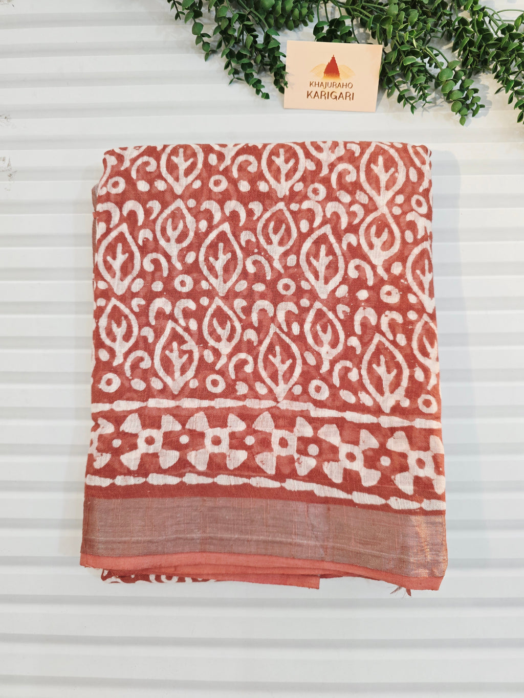 Handcrafted Linen Saree with Hand Block Hot Wax Batik - Rust Brown