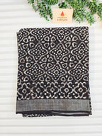 Handcrafted Linen Saree with Hand Block Hot Wax Batik - Black