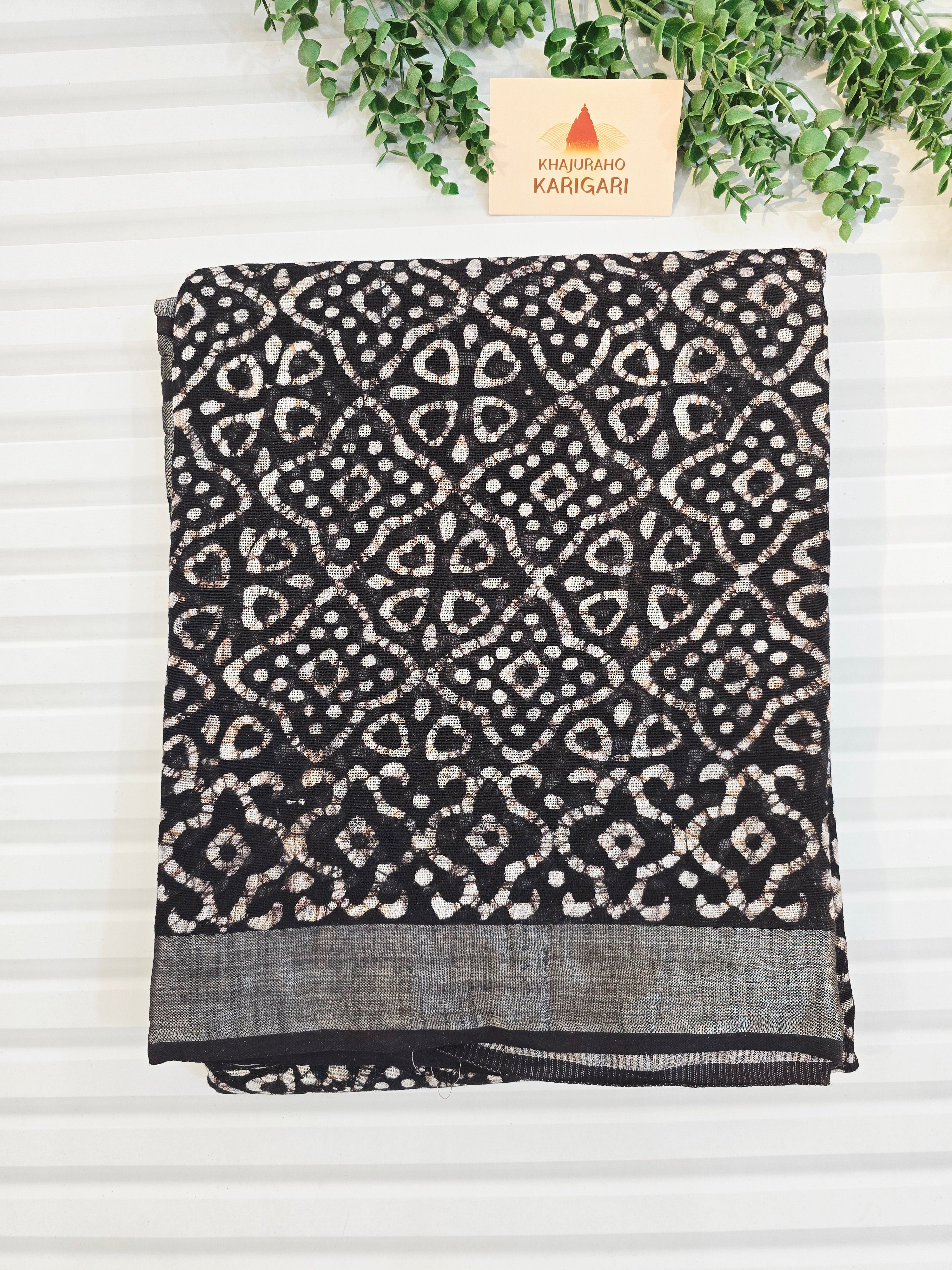 Handcrafted Linen Saree with Hand Block Hot Wax Batik - Black