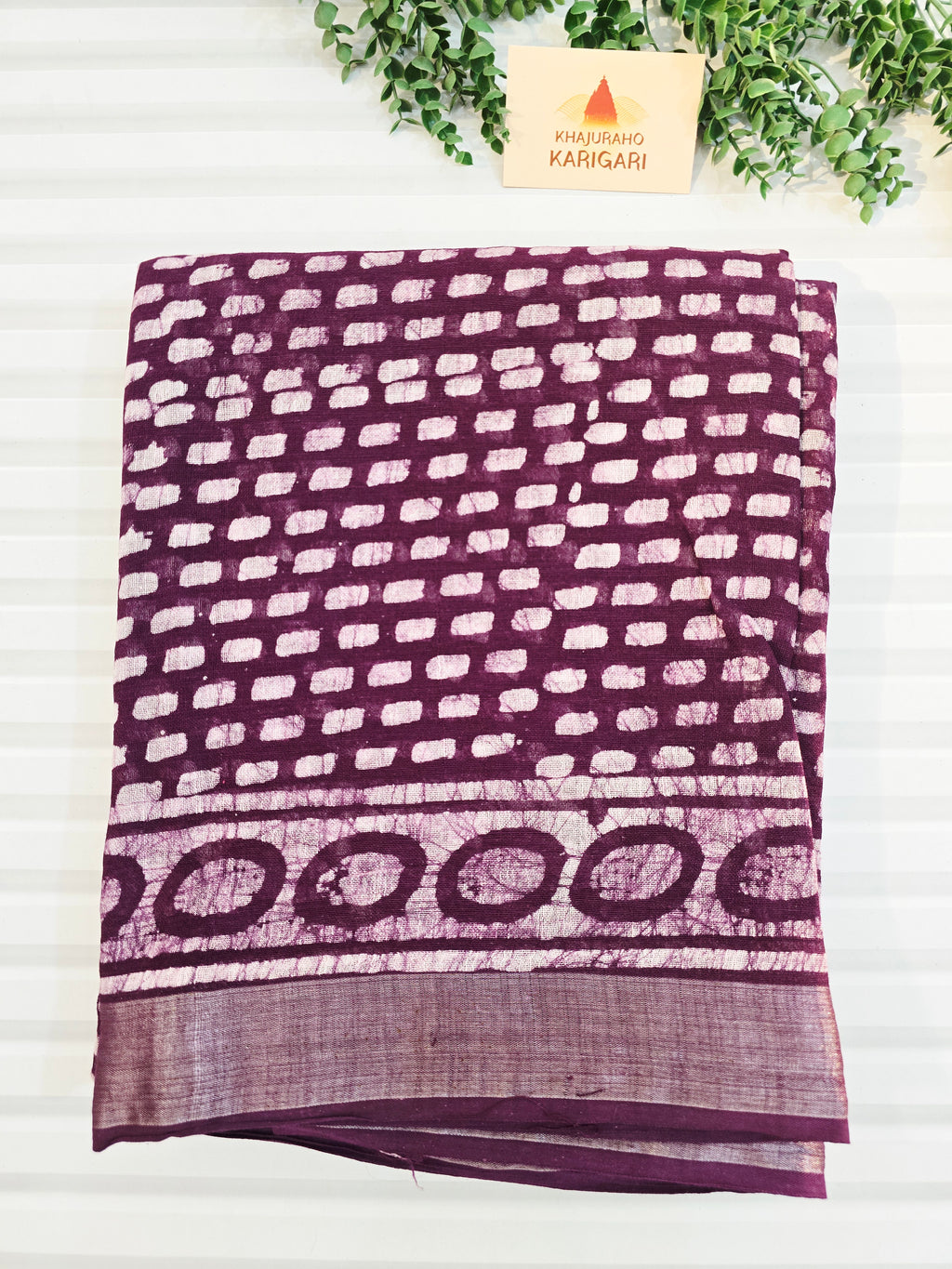 Handcrafted Linen Saree with Hand Block Hot Wax Batik - Deep Purple