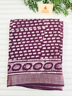Handcrafted Linen Saree with Hand Block Hot Wax Batik - Deep Purple