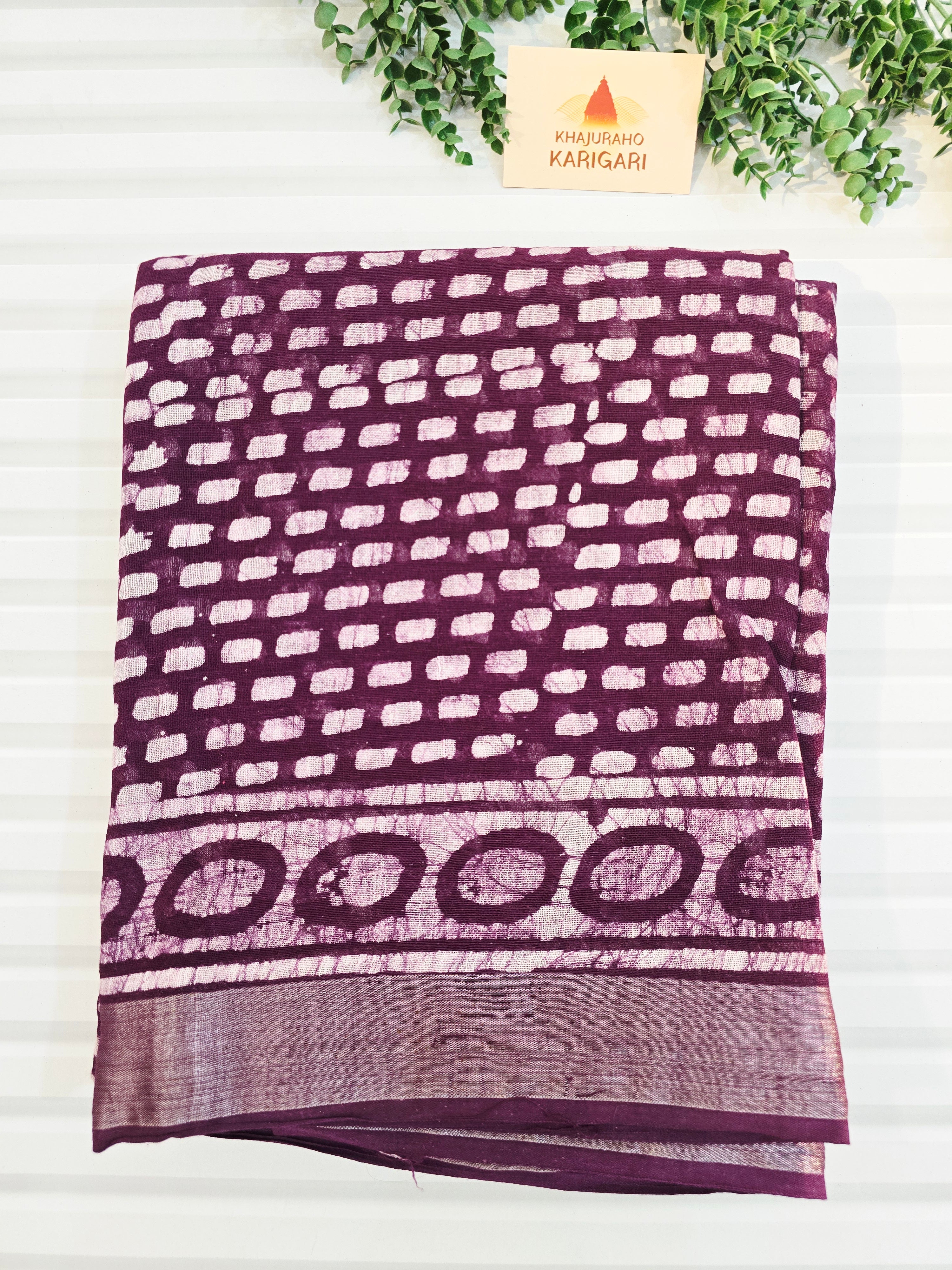 Handcrafted Linen Saree with Hand Block Hot Wax Batik - Deep Purple