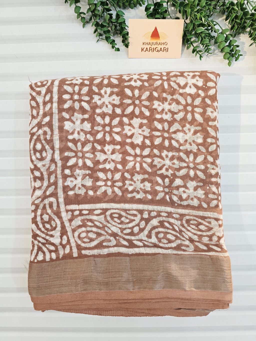 Handcrafted Linen Saree with Hand Block Hot Wax Batik - Beige Brown