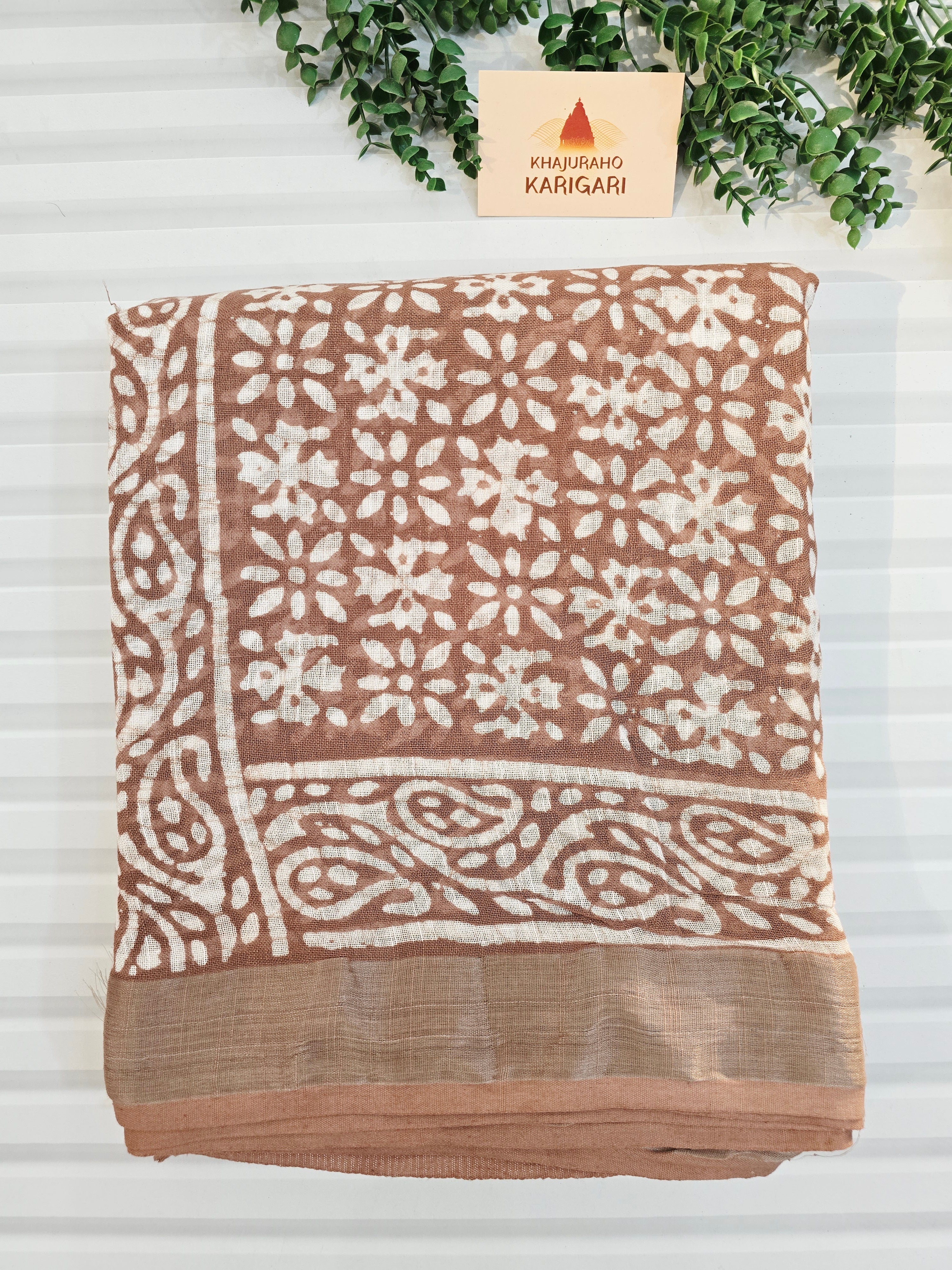 Handcrafted Linen Saree with Hand Block Hot Wax Batik - Beige Brown