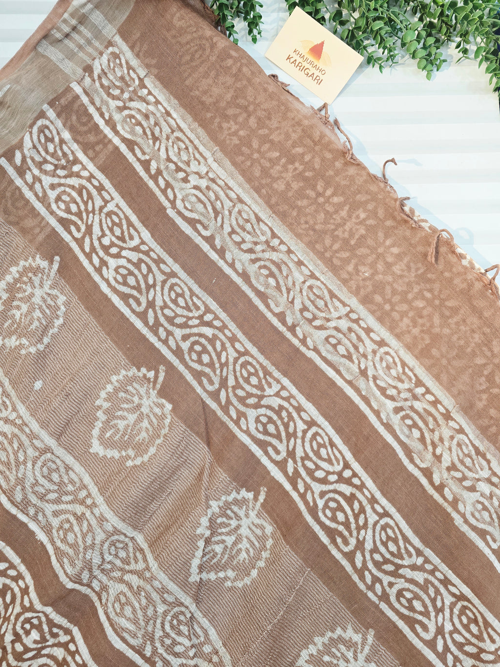 Handcrafted Linen Saree with Hand Block Hot Wax Batik - Beige Brown