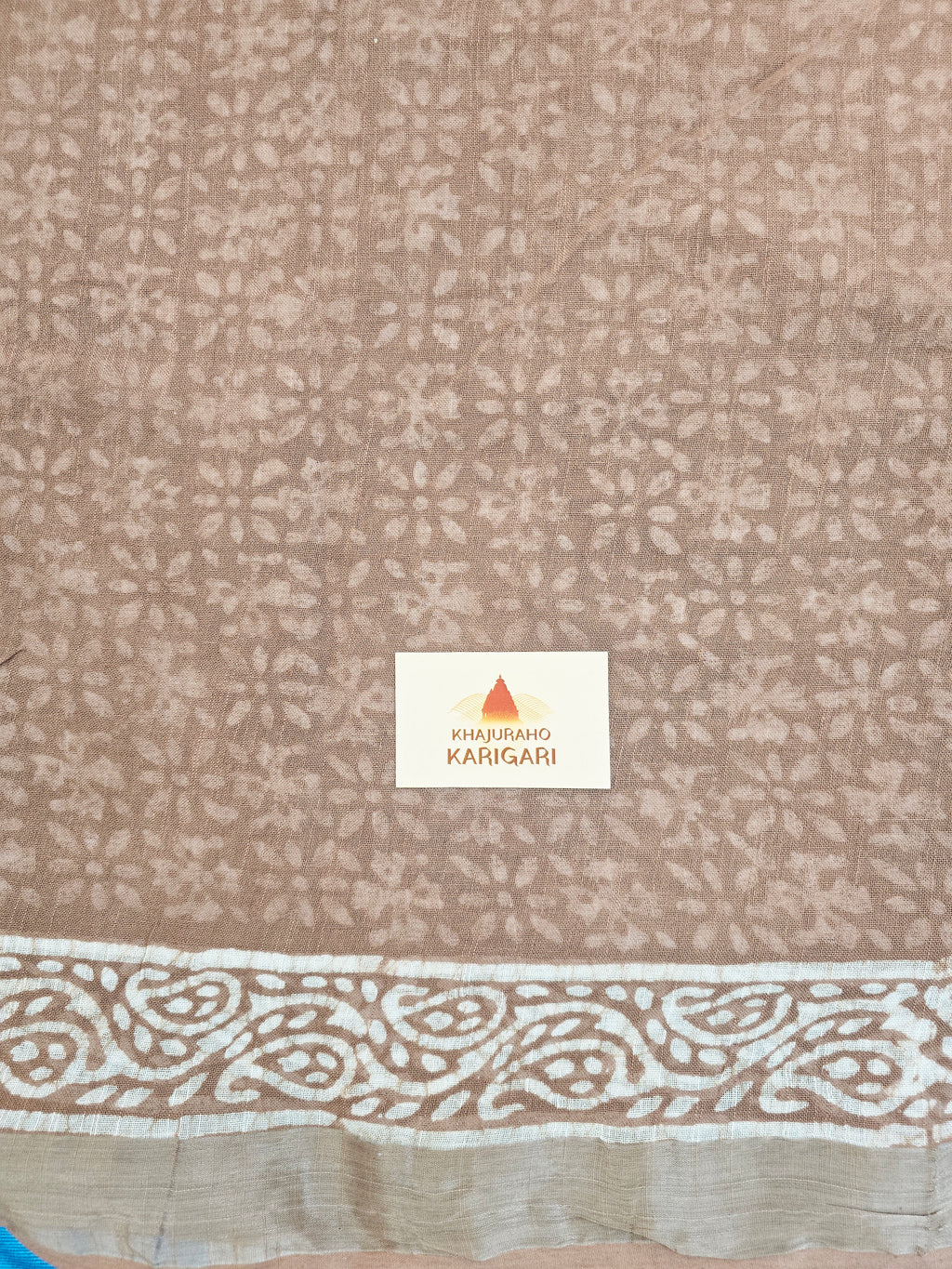 Handcrafted Linen Saree with Hand Block Hot Wax Batik - Beige Brown