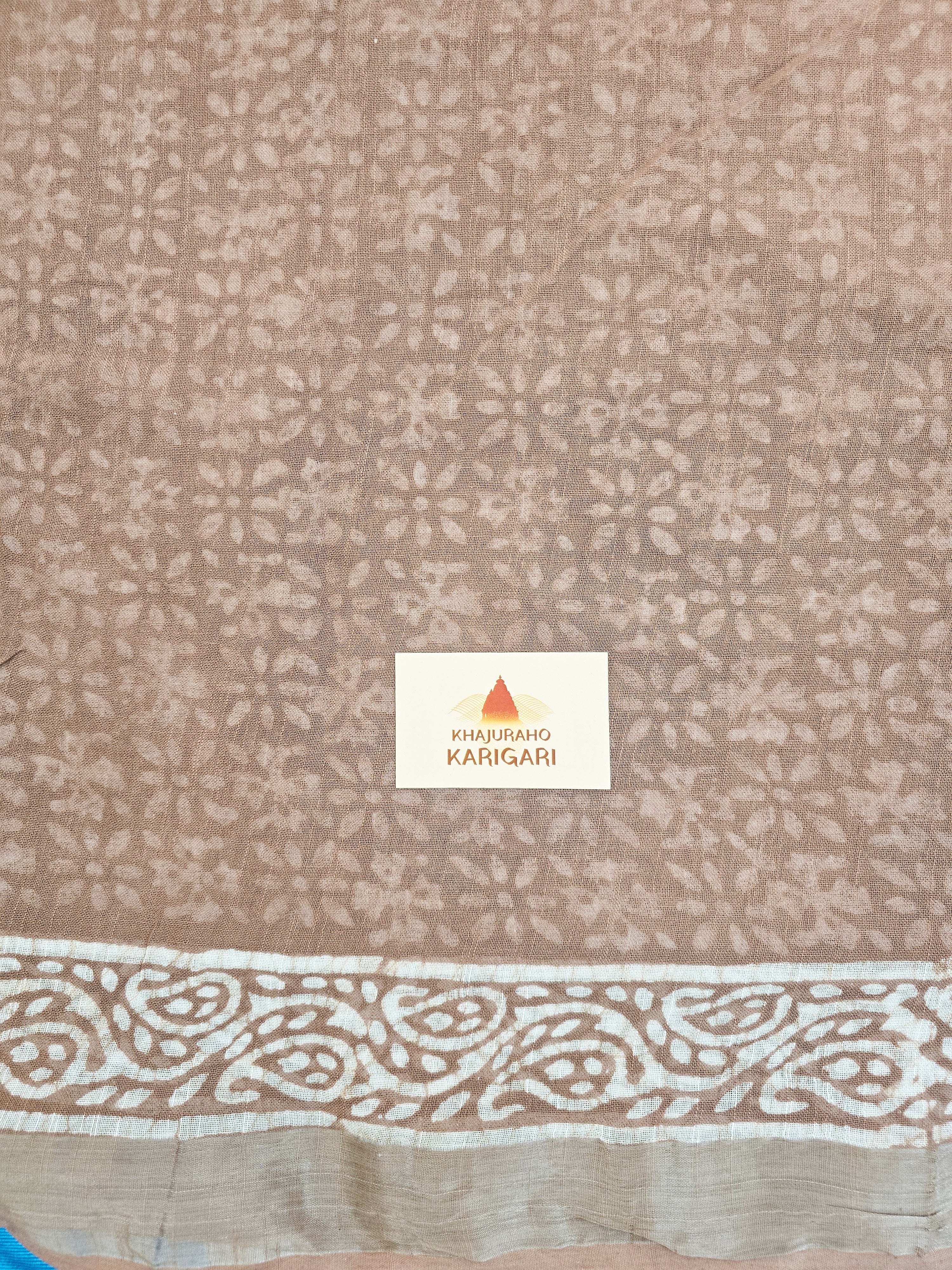 Handcrafted Linen Saree with Hand Block Hot Wax Batik - Beige Brown