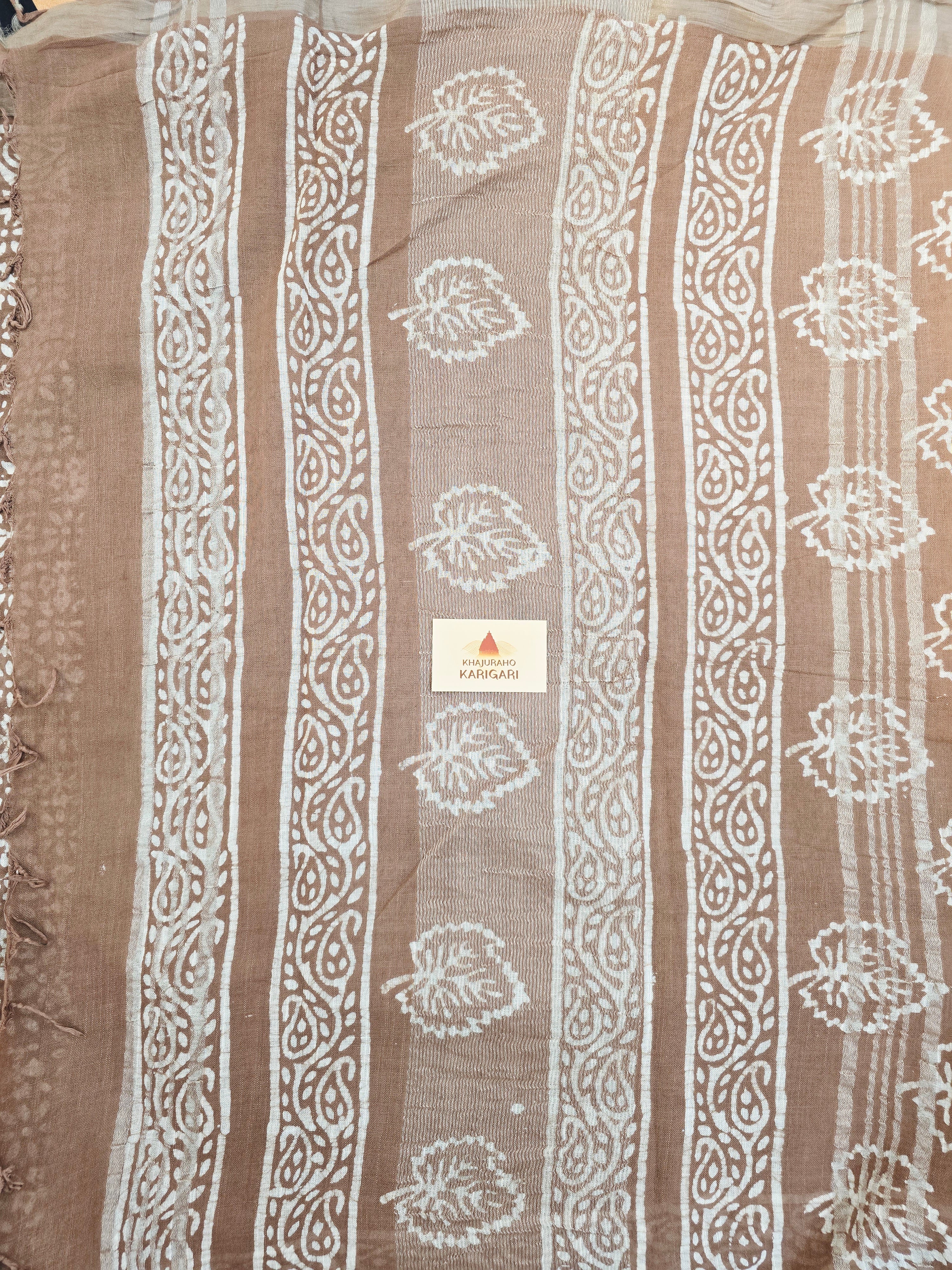 Handcrafted Linen Saree with Hand Block Hot Wax Batik - Beige Brown