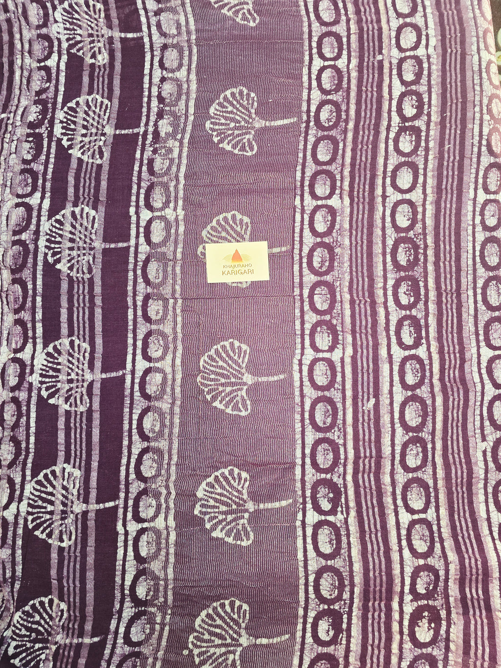 Handcrafted Linen Saree with Hand Block Hot Wax Batik - Deep Purple