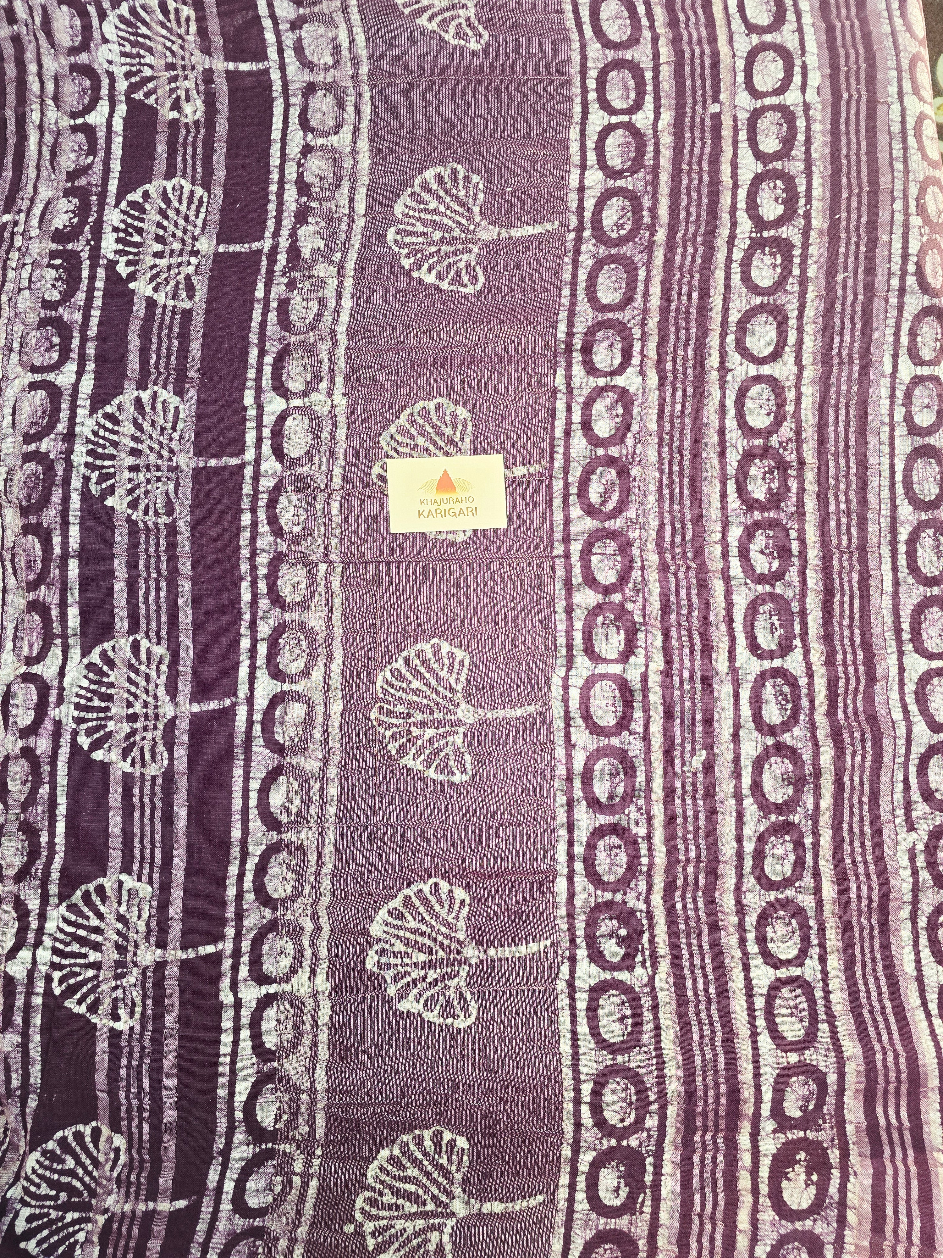 Handcrafted Linen Saree with Hand Block Hot Wax Batik - Deep Purple