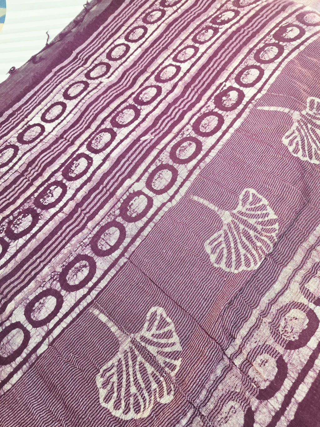 Handcrafted Linen Saree with Hand Block Hot Wax Batik - Deep Purple