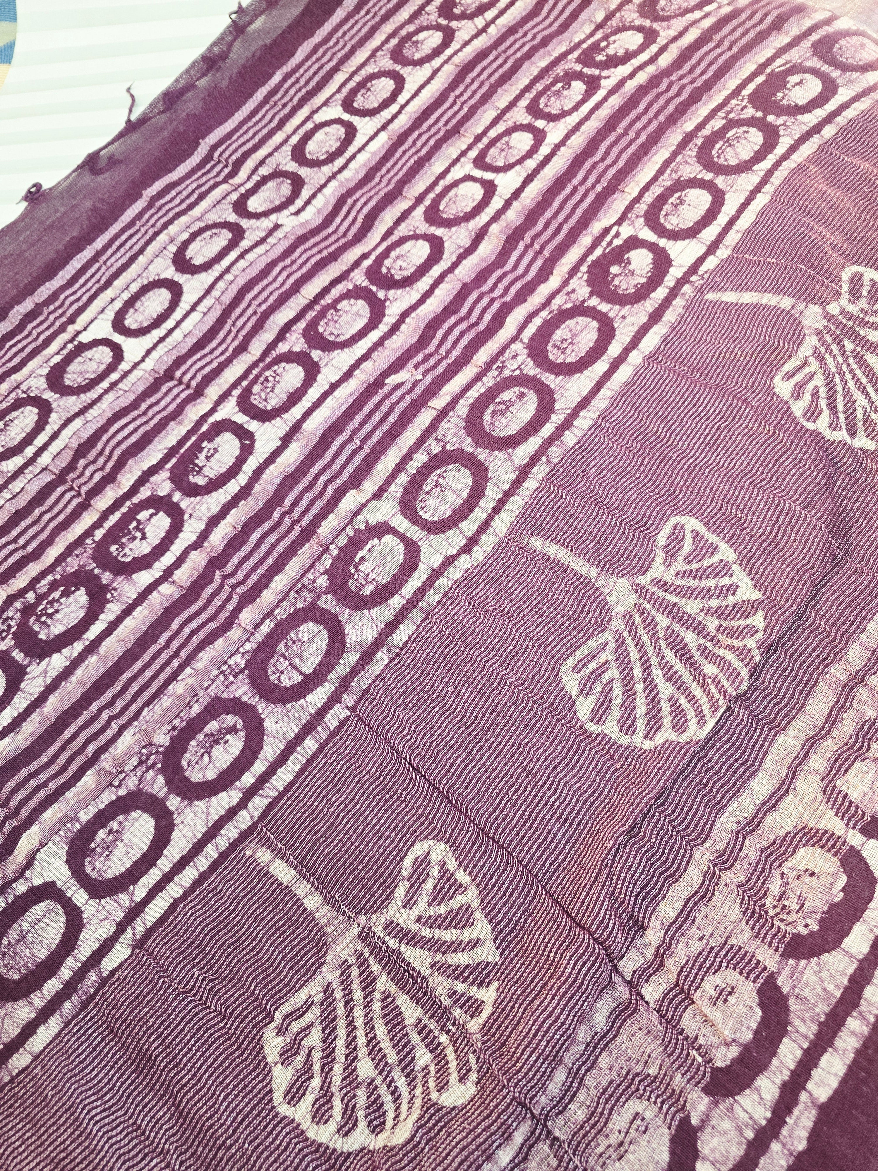 Handcrafted Linen Saree with Hand Block Hot Wax Batik - Deep Purple