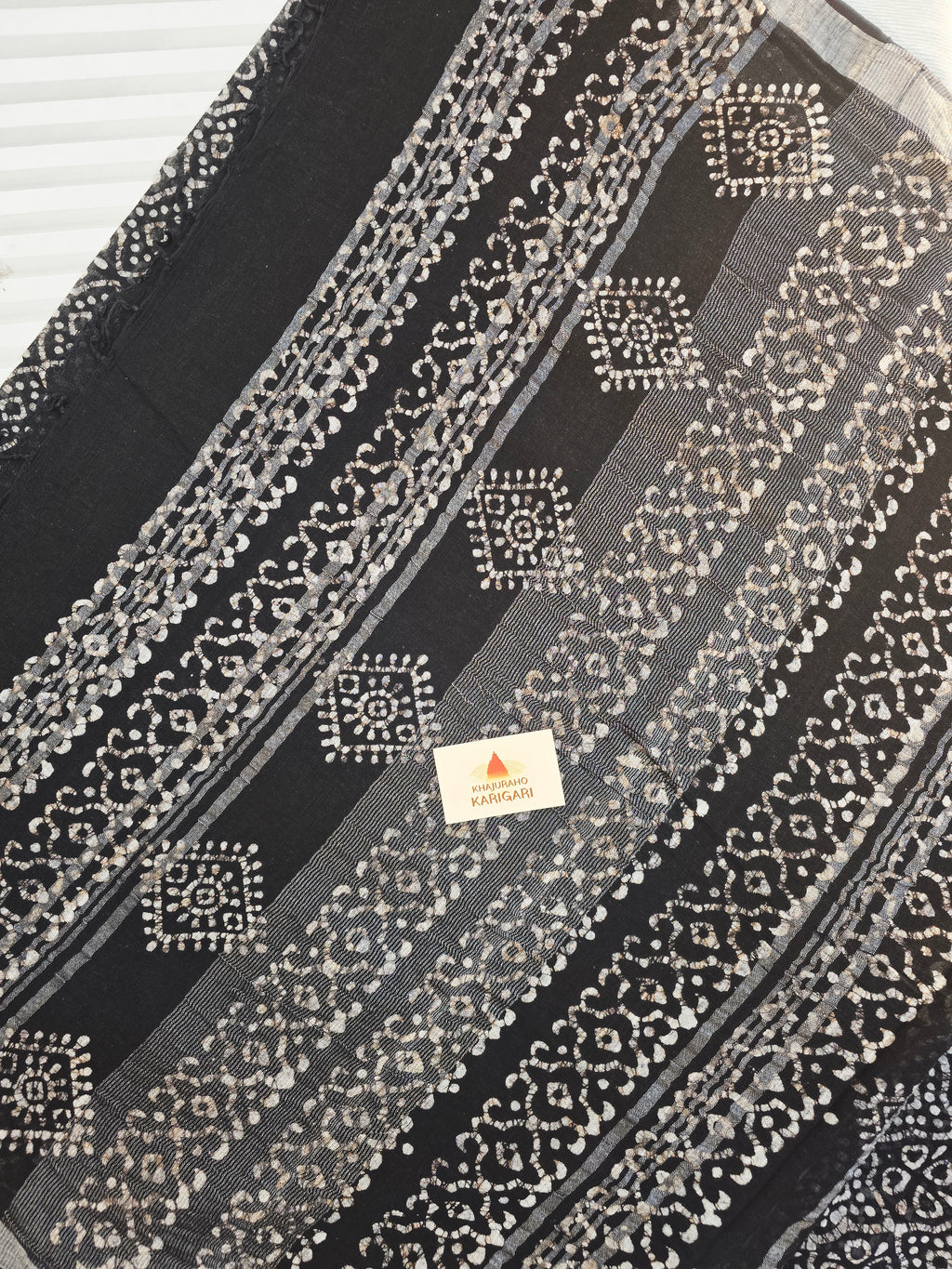 Handcrafted Linen Saree with Hand Block Hot Wax Batik - Black