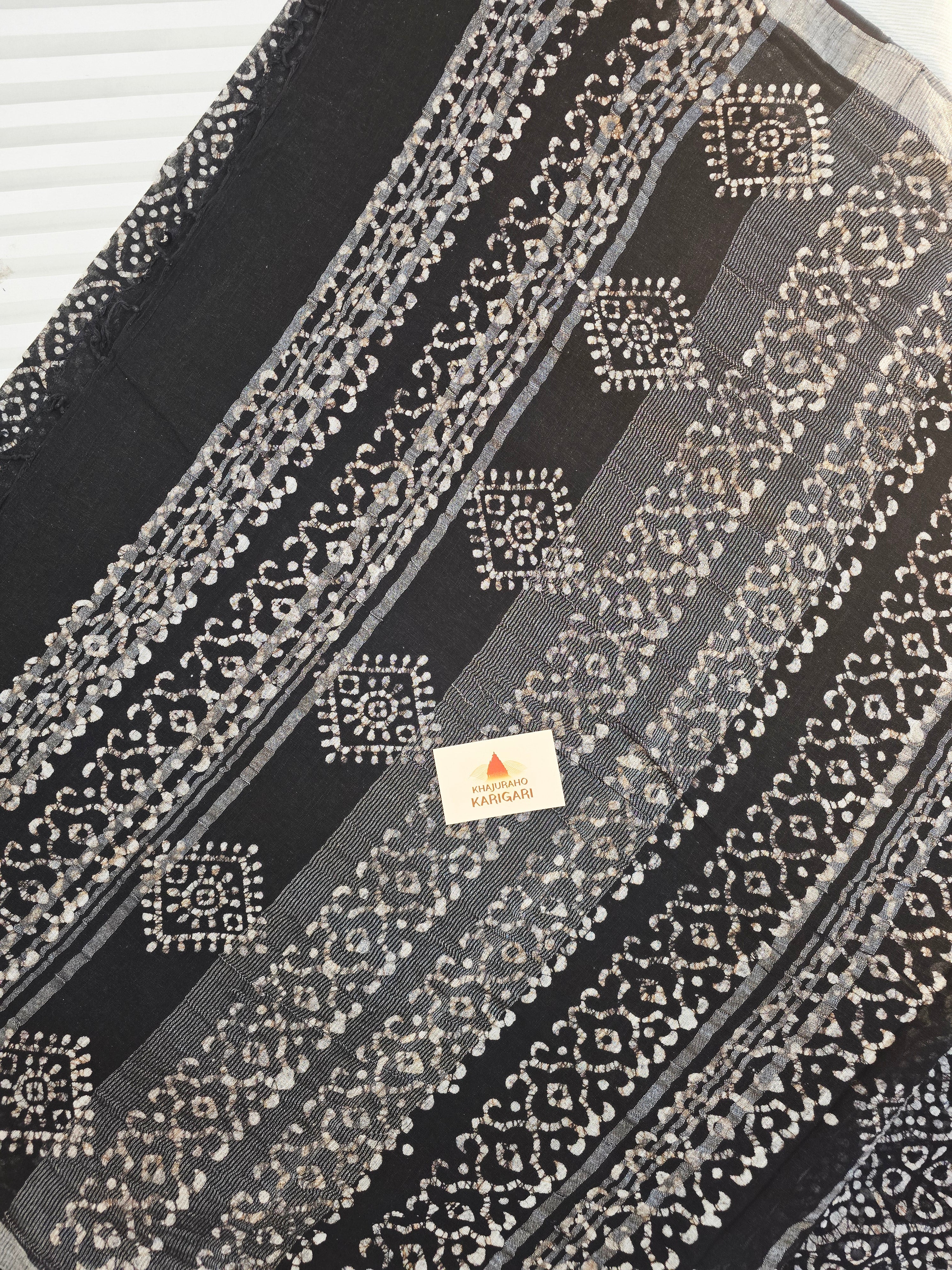 Handcrafted Linen Saree with Hand Block Hot Wax Batik - Black