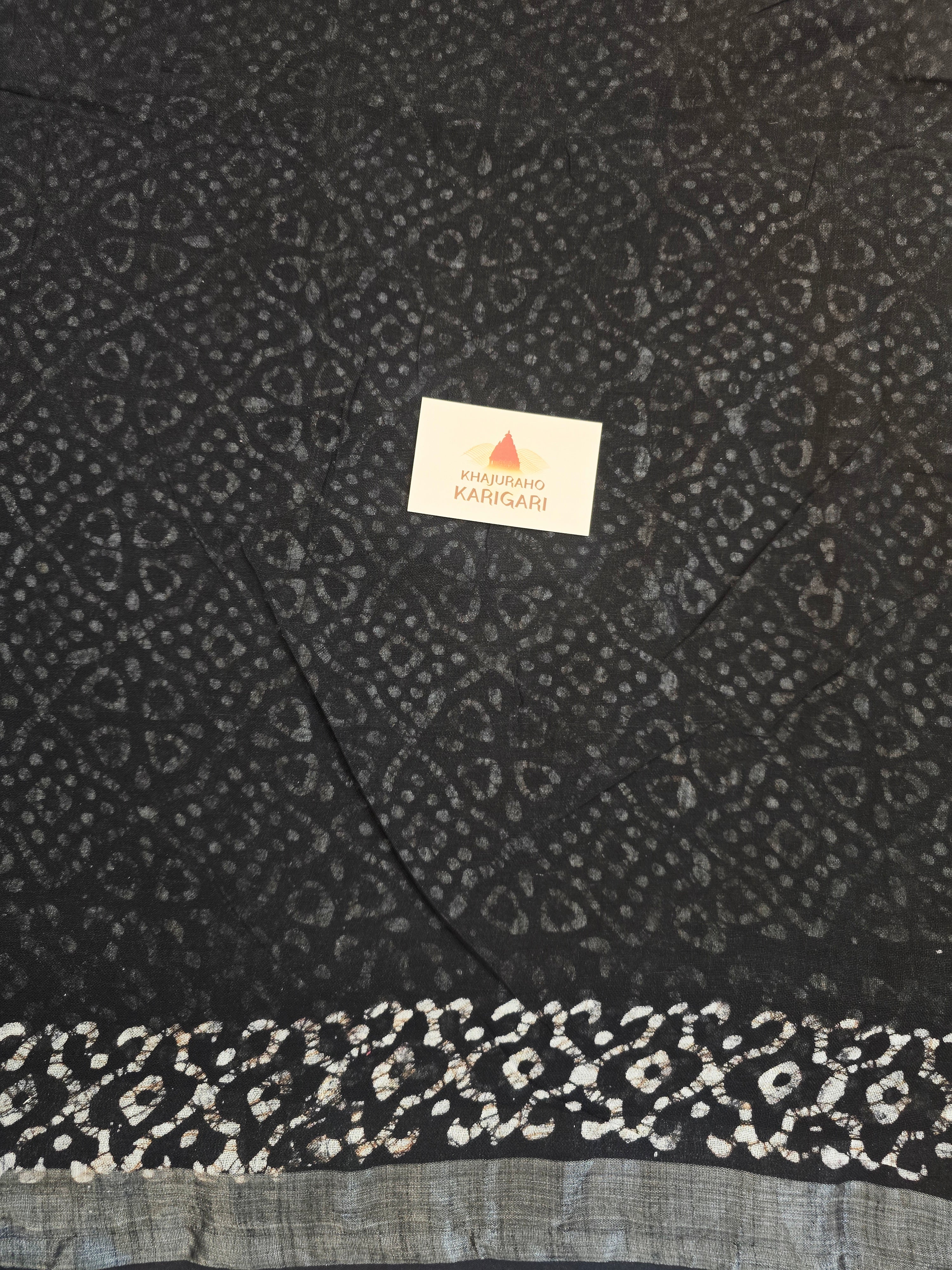 Handcrafted Linen Saree with Hand Block Hot Wax Batik - Black