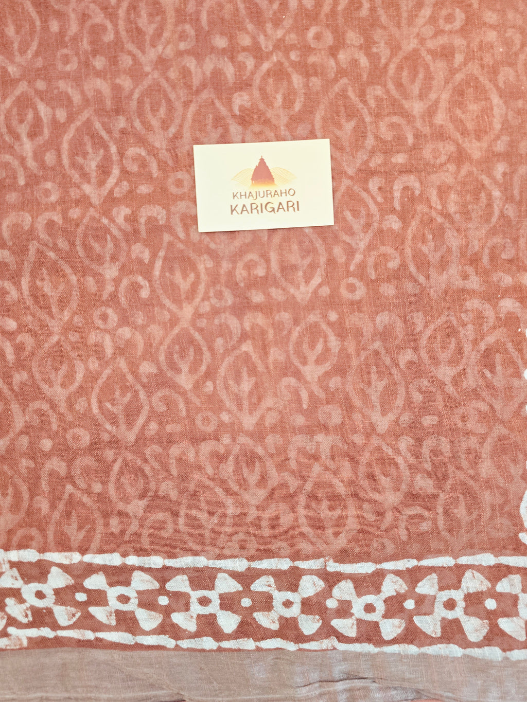 Handcrafted Linen Saree with Hand Block Hot Wax Batik - Rust Brown