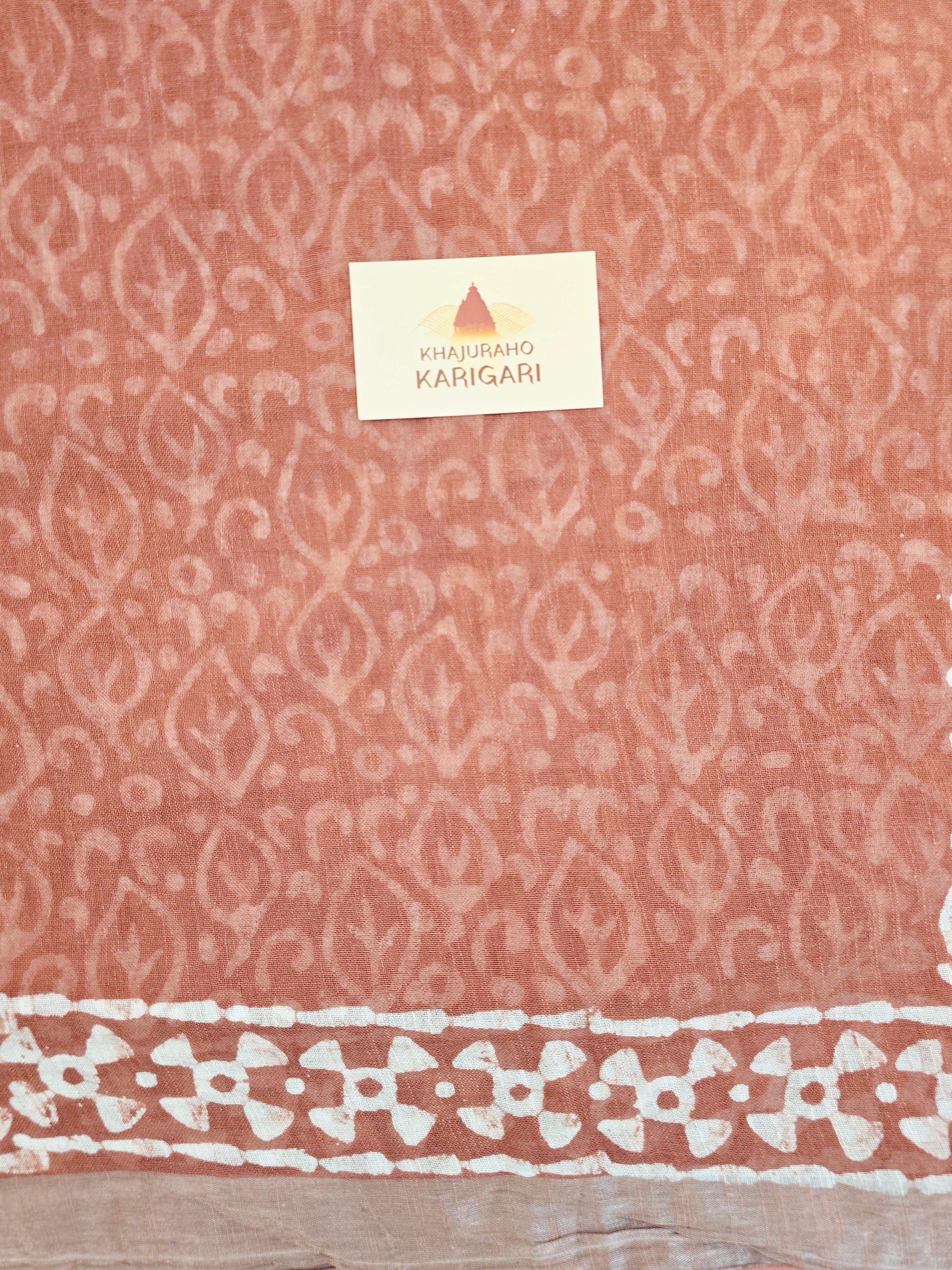 Handcrafted Linen Saree with Hand Block Hot Wax Batik - Rust Brown