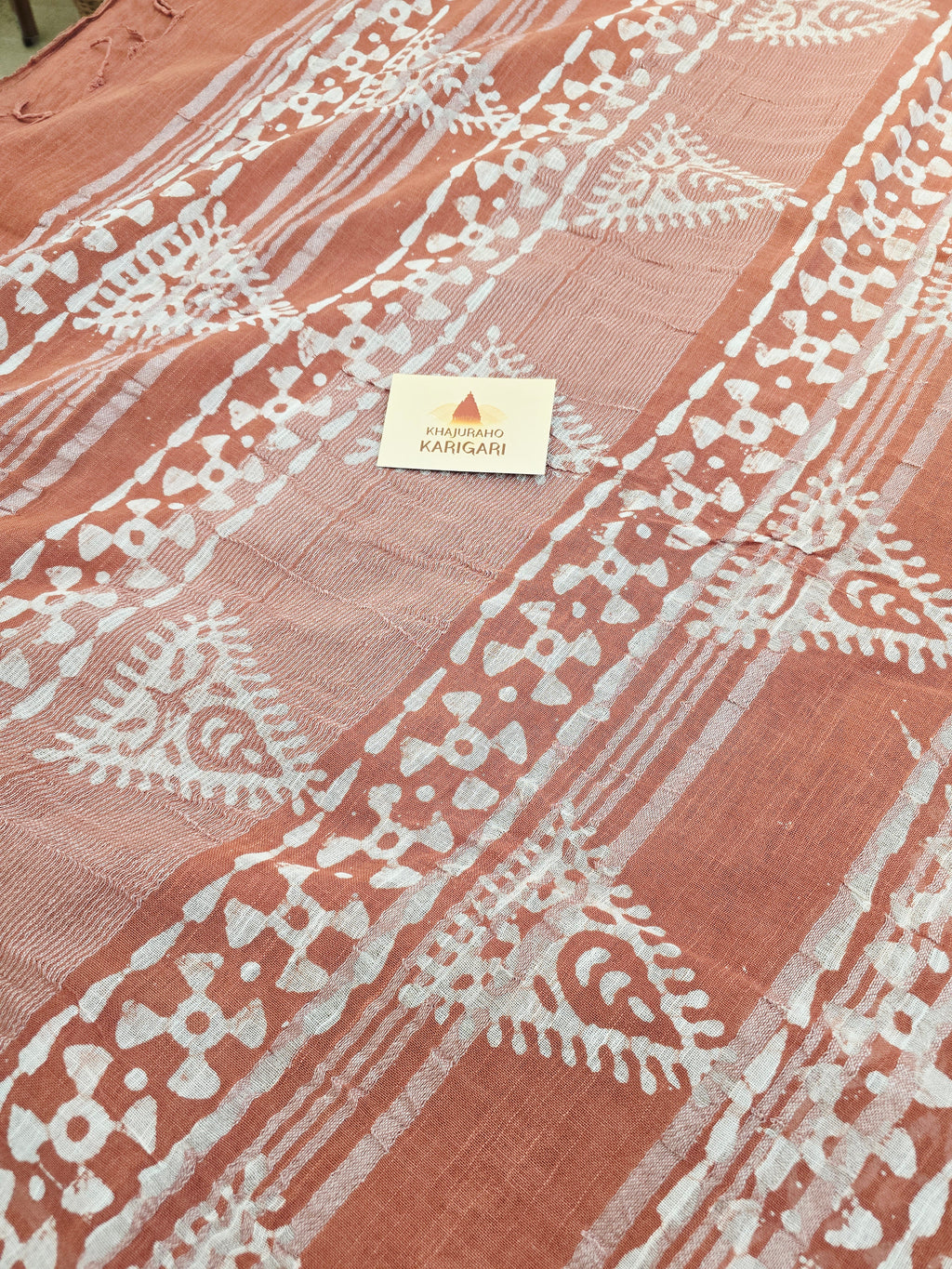 Handcrafted Linen Saree with Hand Block Hot Wax Batik - Rust Brown
