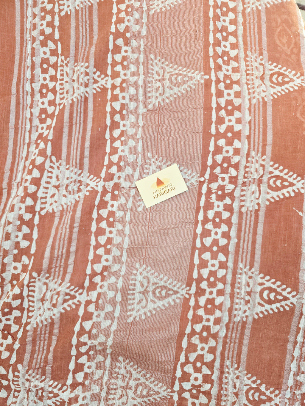 Handcrafted Linen Saree with Hand Block Hot Wax Batik - Rust Brown
