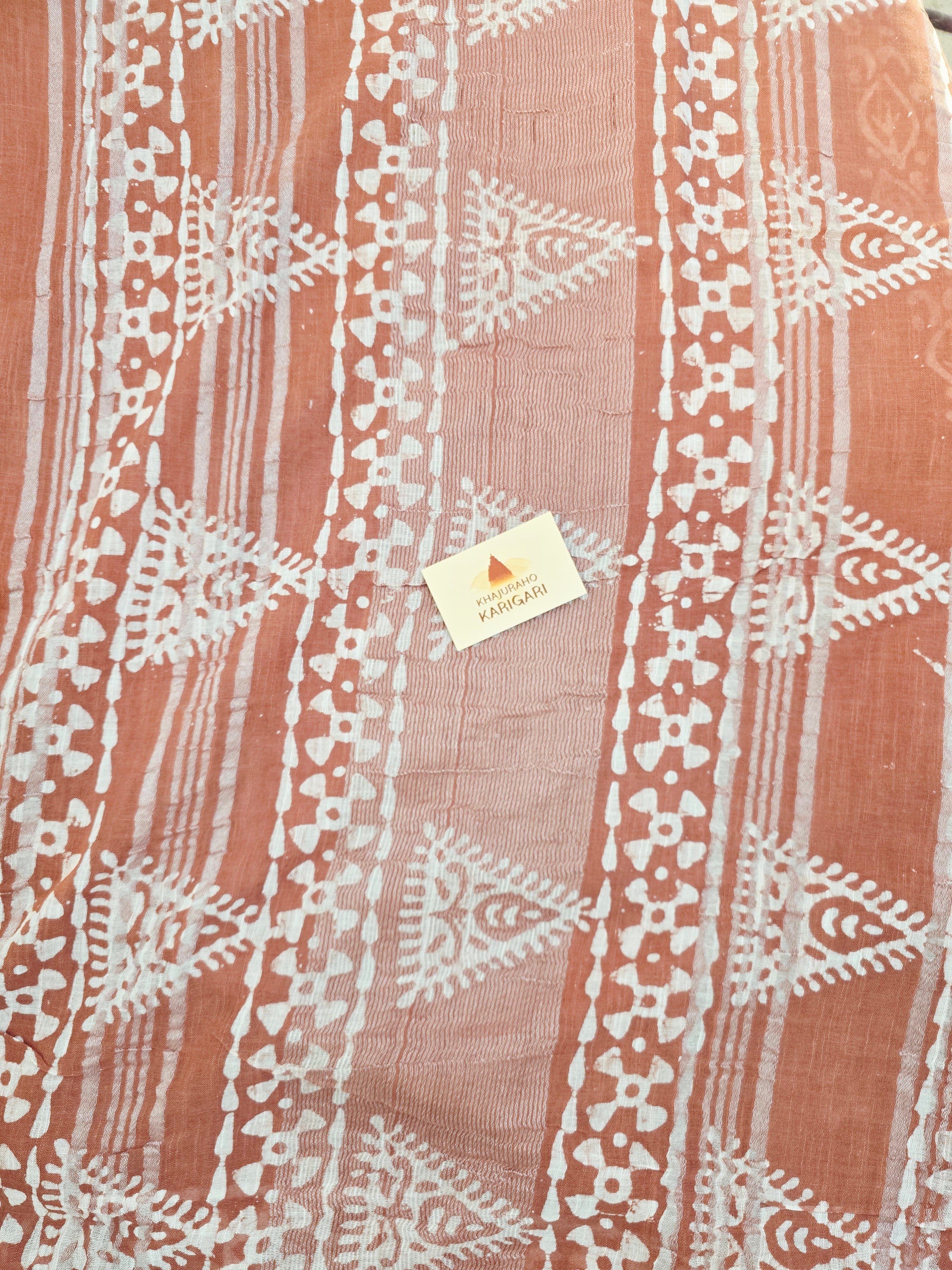 Handcrafted Linen Saree with Hand Block Hot Wax Batik - Rust Brown