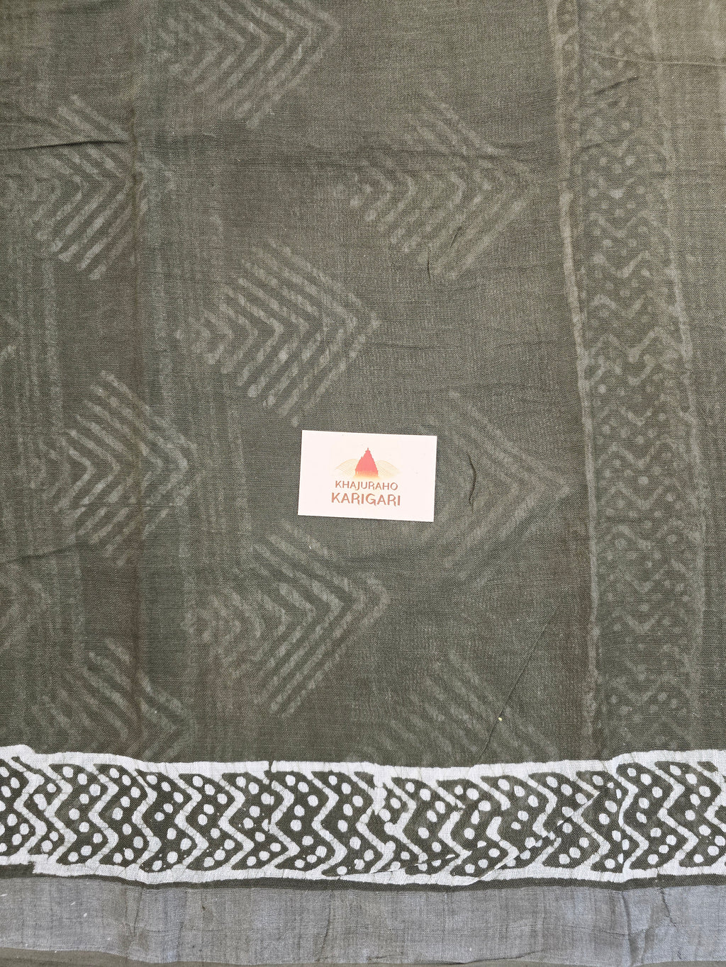 Handcrafted Linen Saree with Hand Block Hot Wax Batik - Olive Green