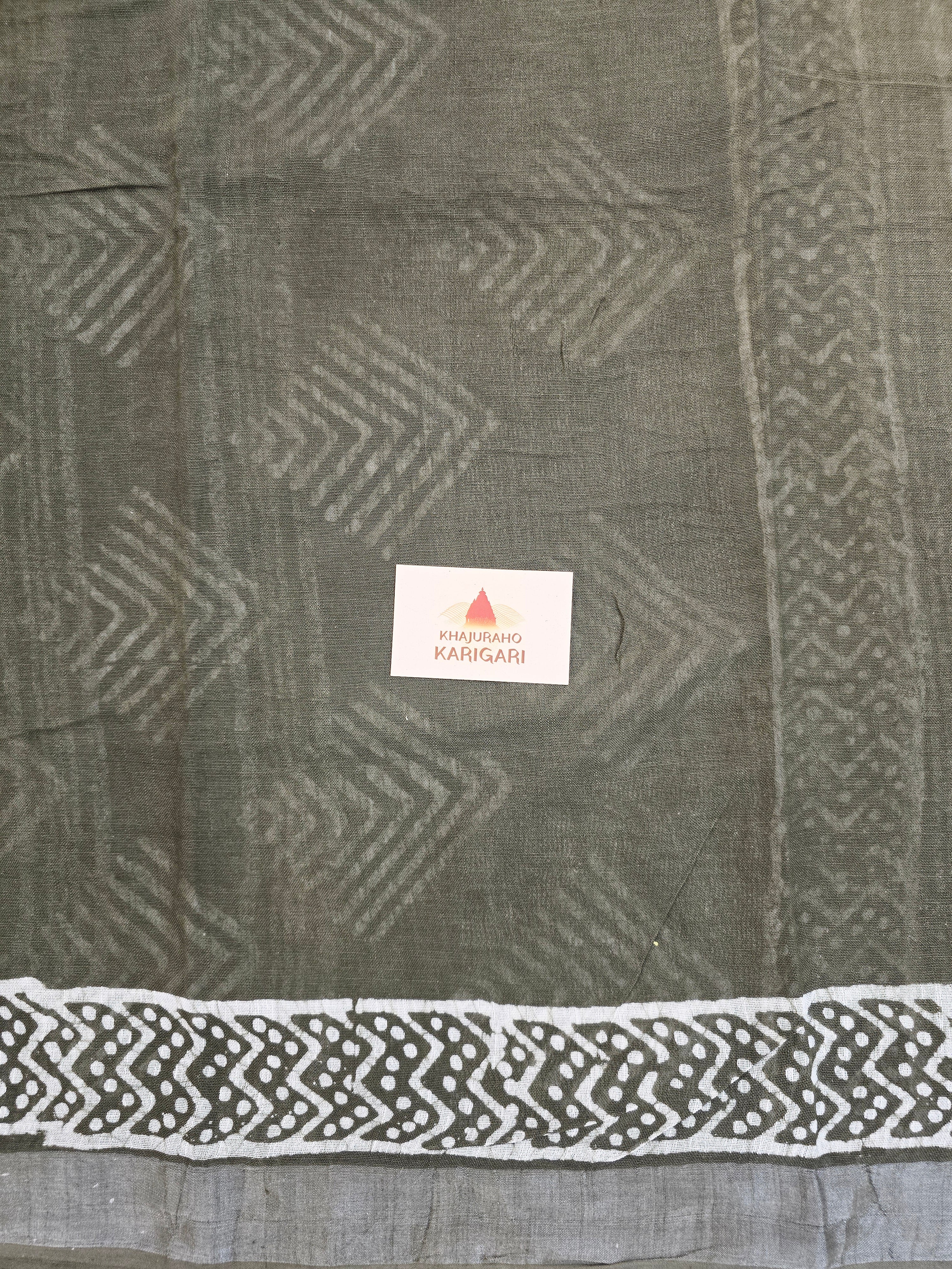Handcrafted Linen Saree with Hand Block Hot Wax Batik - Olive Green