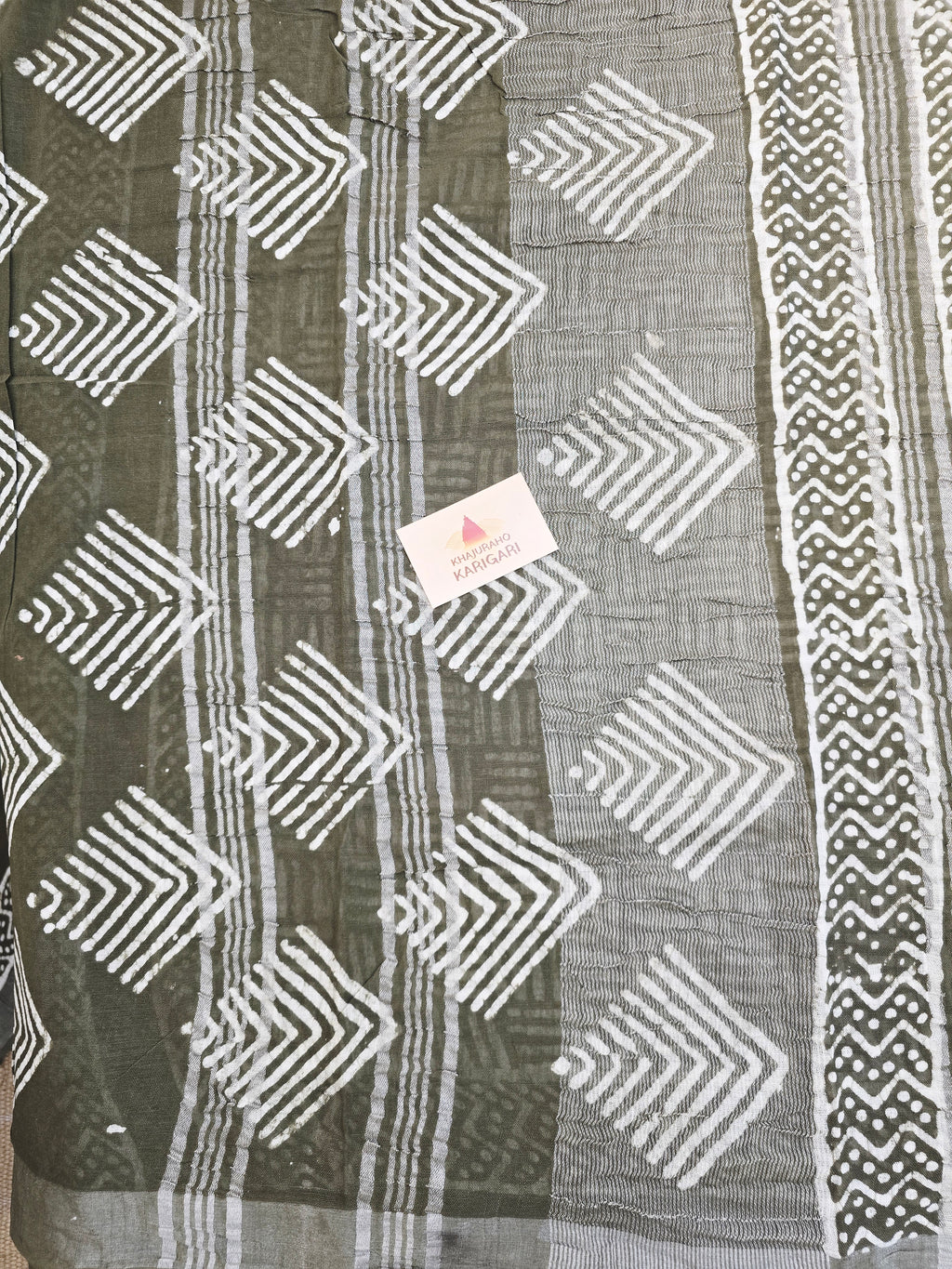 Handcrafted Linen Saree with Hand Block Hot Wax Batik - Olive Green
