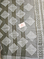 Handcrafted Linen Saree with Hand Block Hot Wax Batik - Olive Green