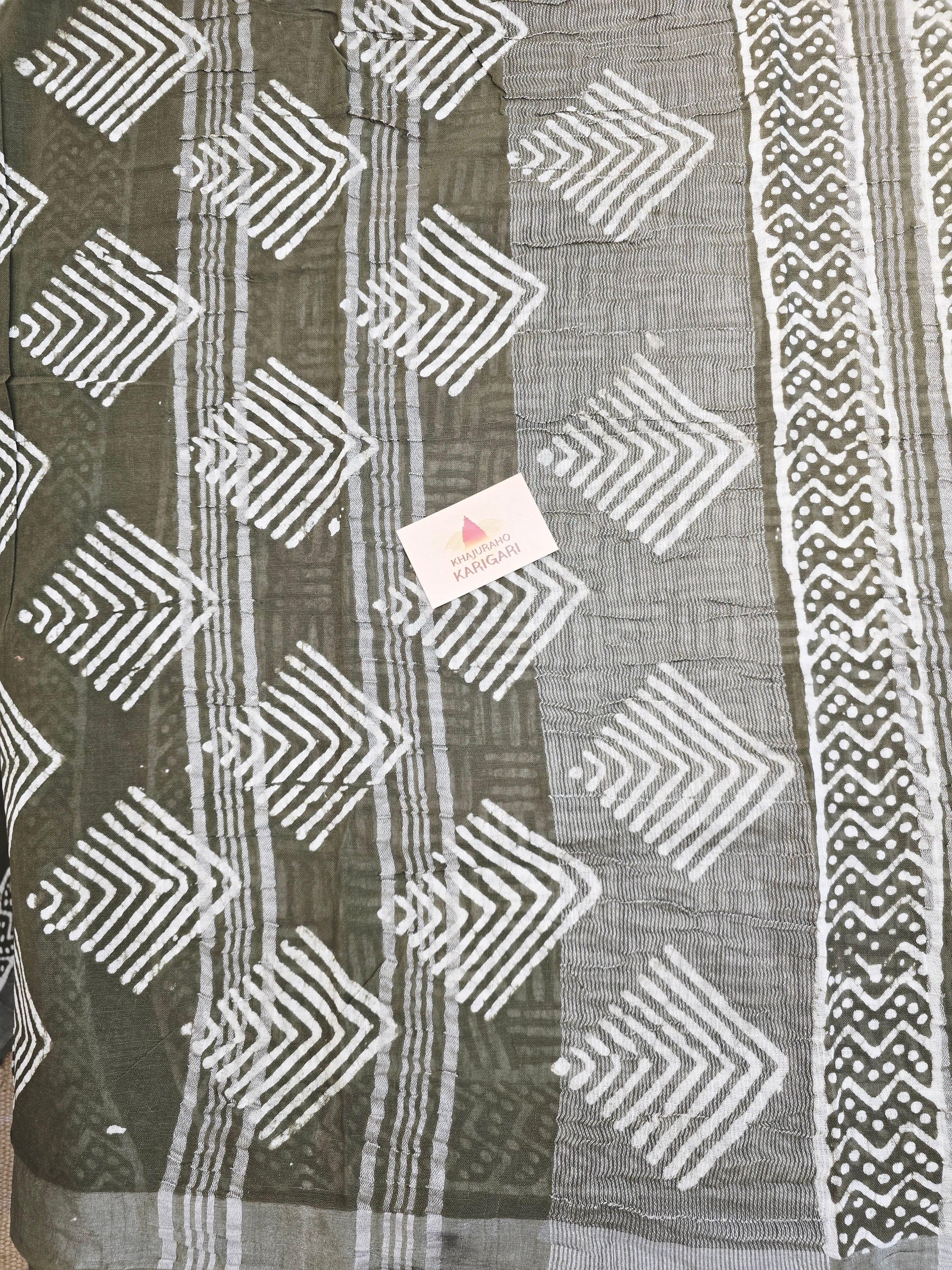 Handcrafted Linen Saree with Hand Block Hot Wax Batik - Olive Green