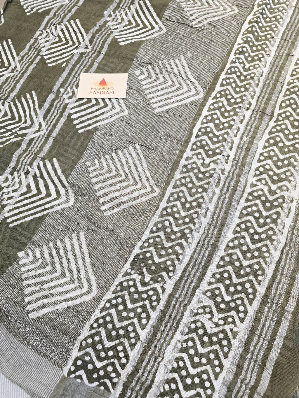Handcrafted Linen Saree with Hand Block Hot Wax Batik - Olive Green