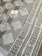 Handcrafted Linen Saree with Hand Block Hot Wax Batik - Olive Green
