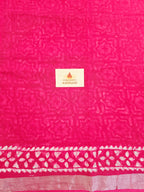 Handcrafted Linen Saree with Hand Block Hot Wax Batik - Rani Pink