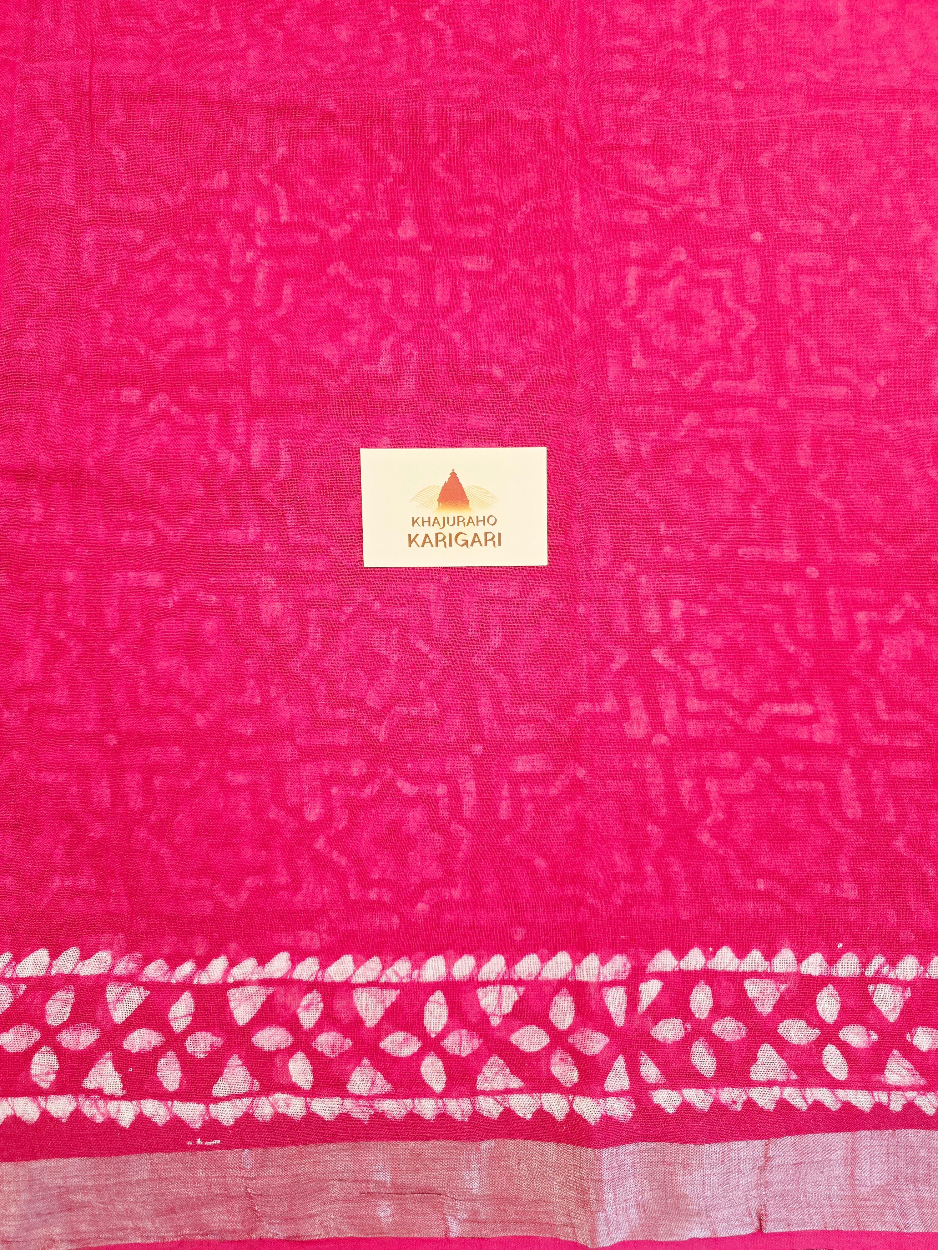 Handcrafted Linen Saree with Hand Block Hot Wax Batik - Rani Pink