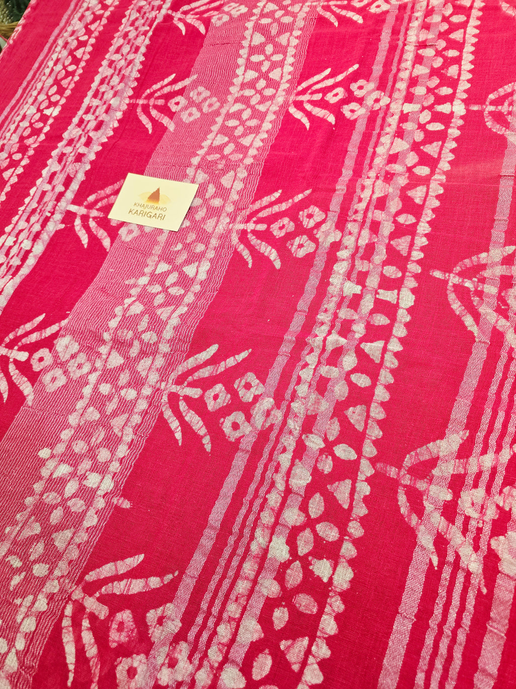 Handcrafted Linen Saree with Hand Block Hot Wax Batik - Rani Pink