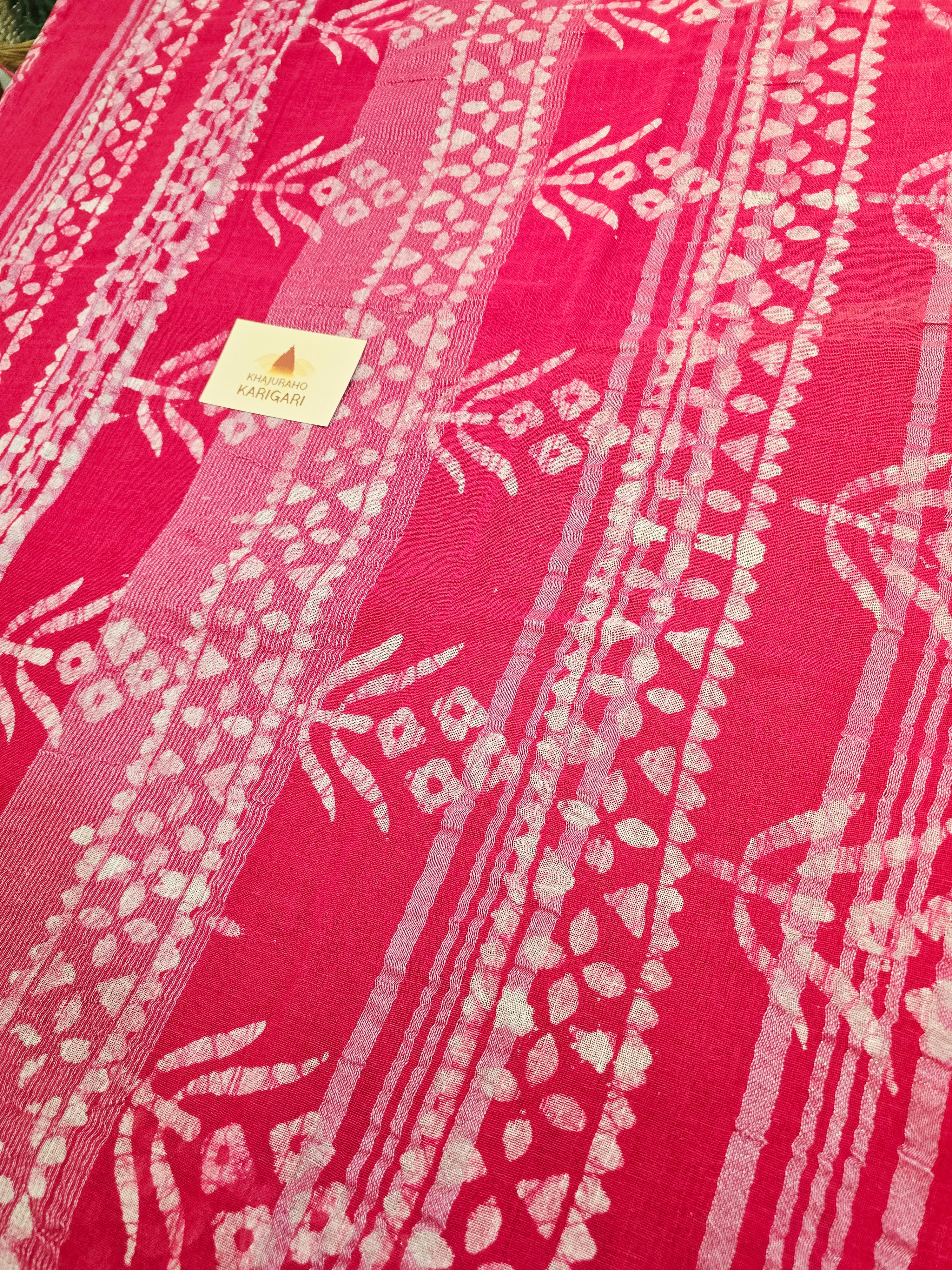 Handcrafted Linen Saree with Hand Block Hot Wax Batik - Rani Pink