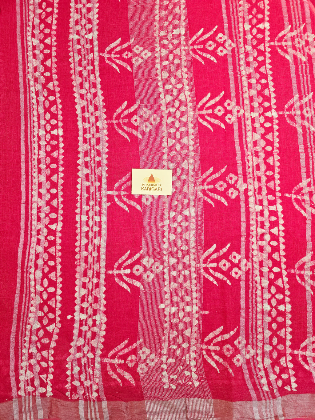 Handcrafted Linen Saree with Hand Block Hot Wax Batik - Rani Pink