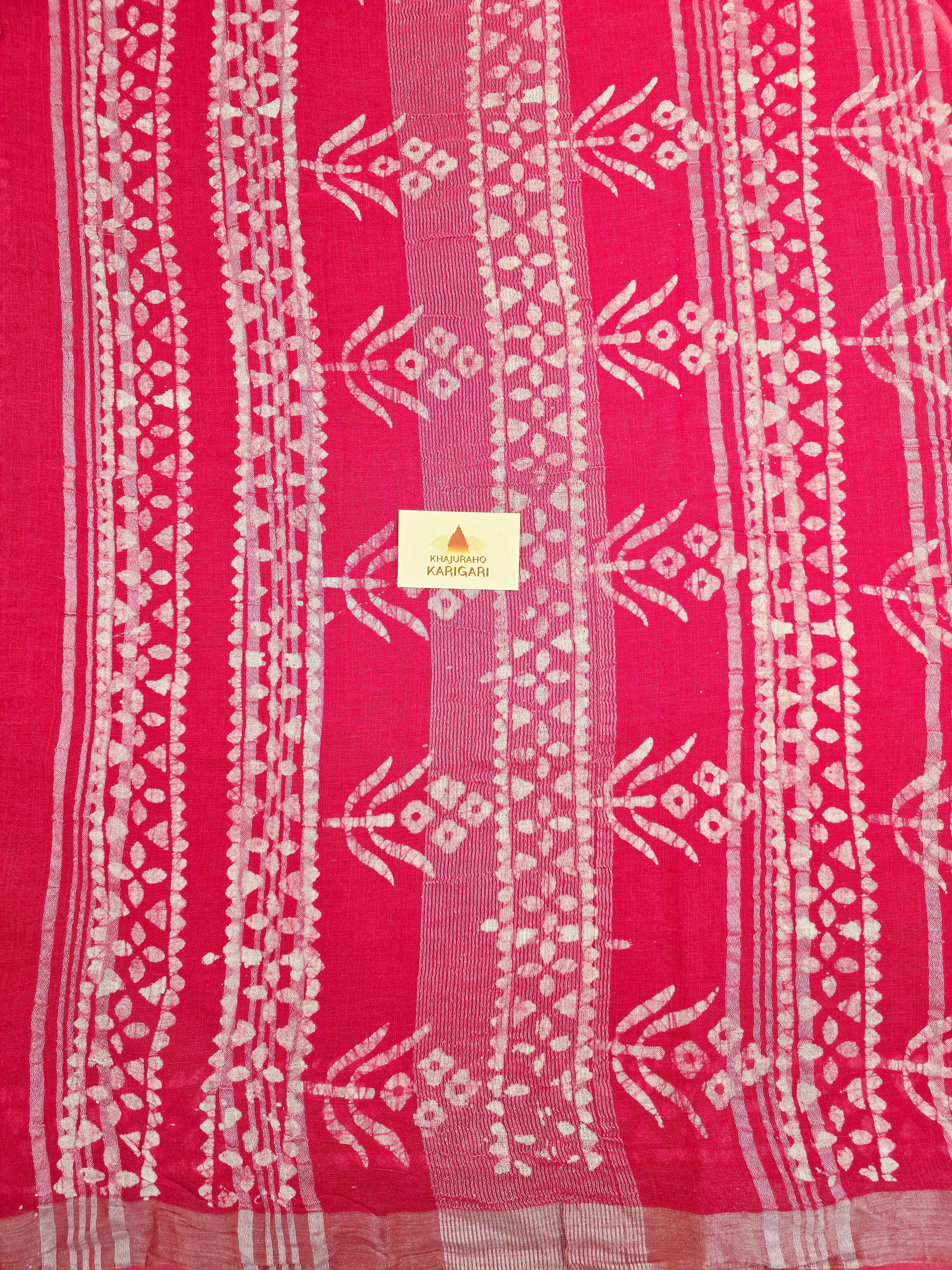 Handcrafted Linen Saree with Hand Block Hot Wax Batik - Rani Pink