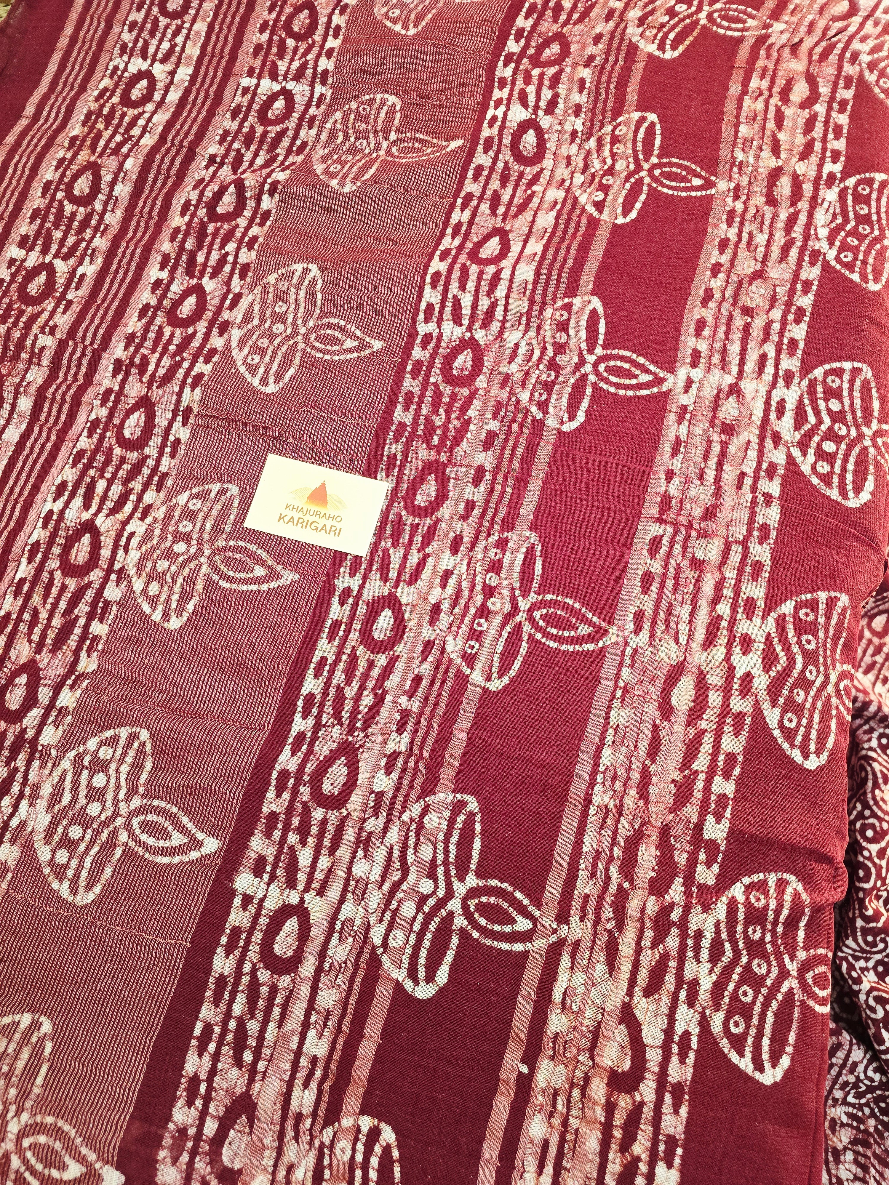 Handcrafted Linen Saree with Hand Block Hot Wax Batik - Maroon