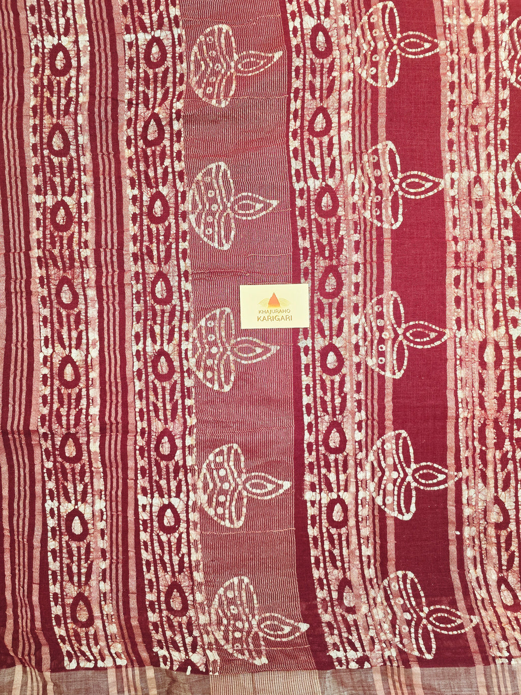 Handcrafted Linen Saree with Hand Block Hot Wax Batik - Maroon
