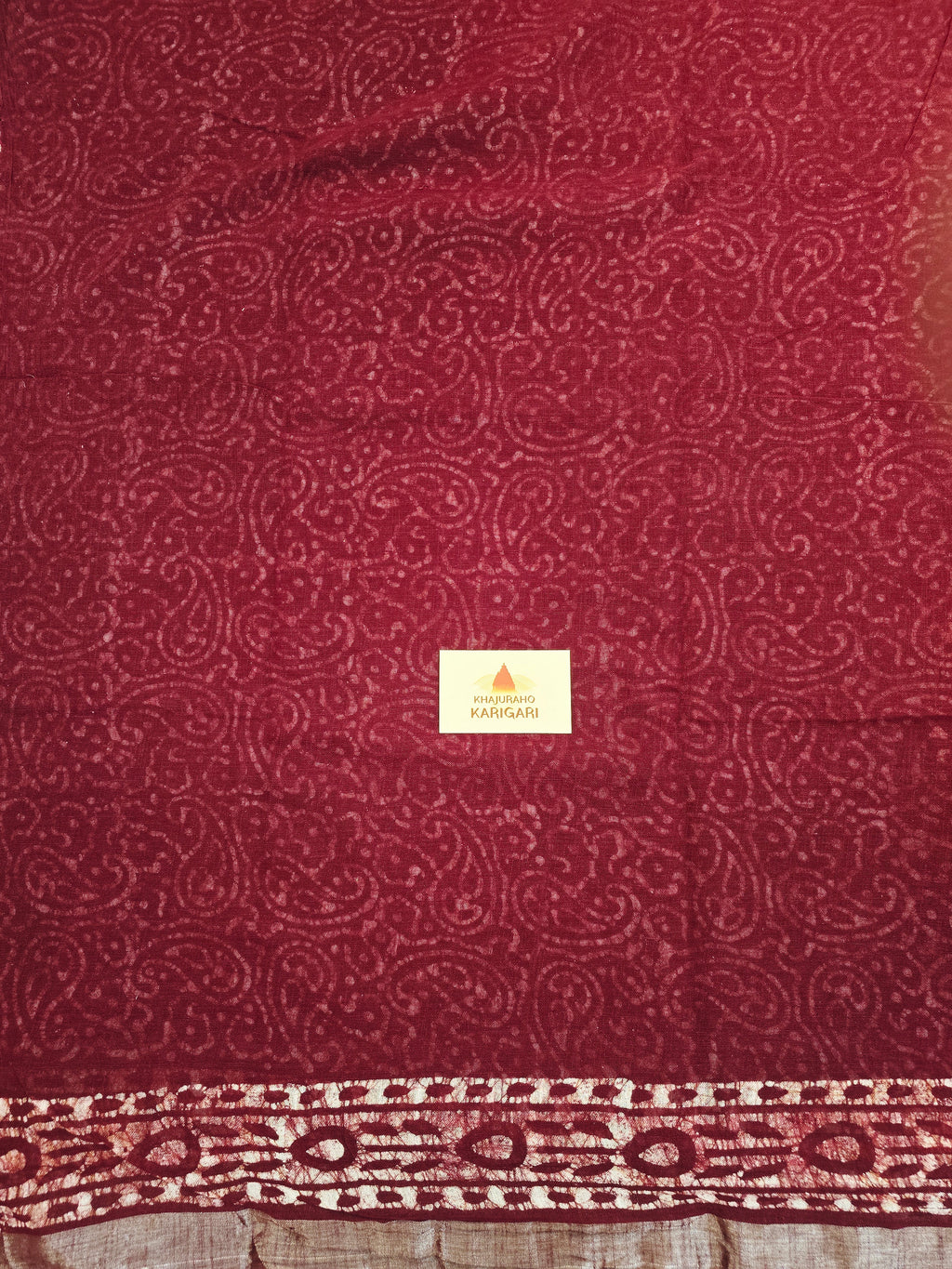 Handcrafted Linen Saree with Hand Block Hot Wax Batik - Maroon