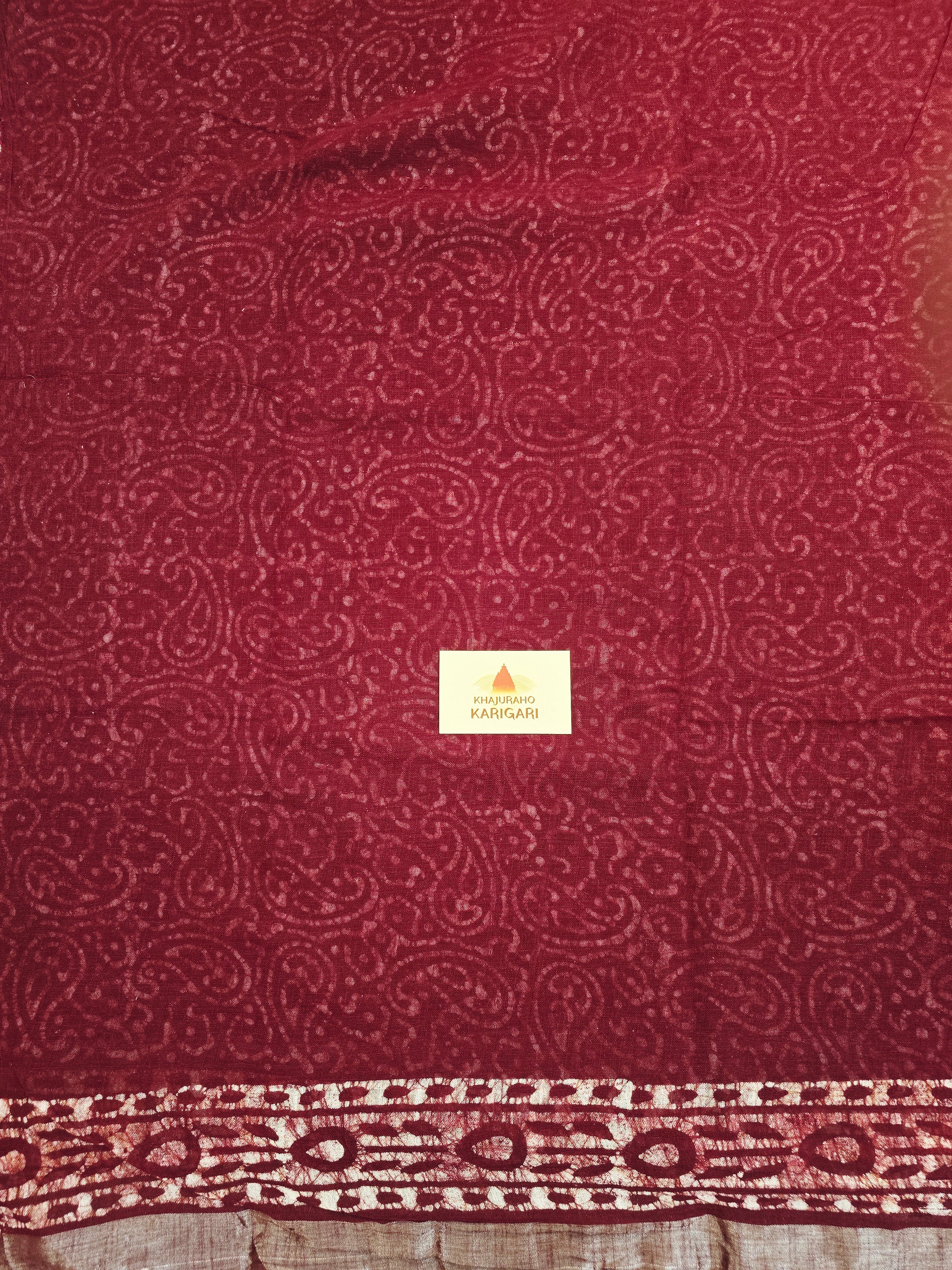 Handcrafted Linen Saree with Hand Block Hot Wax Batik - Maroon