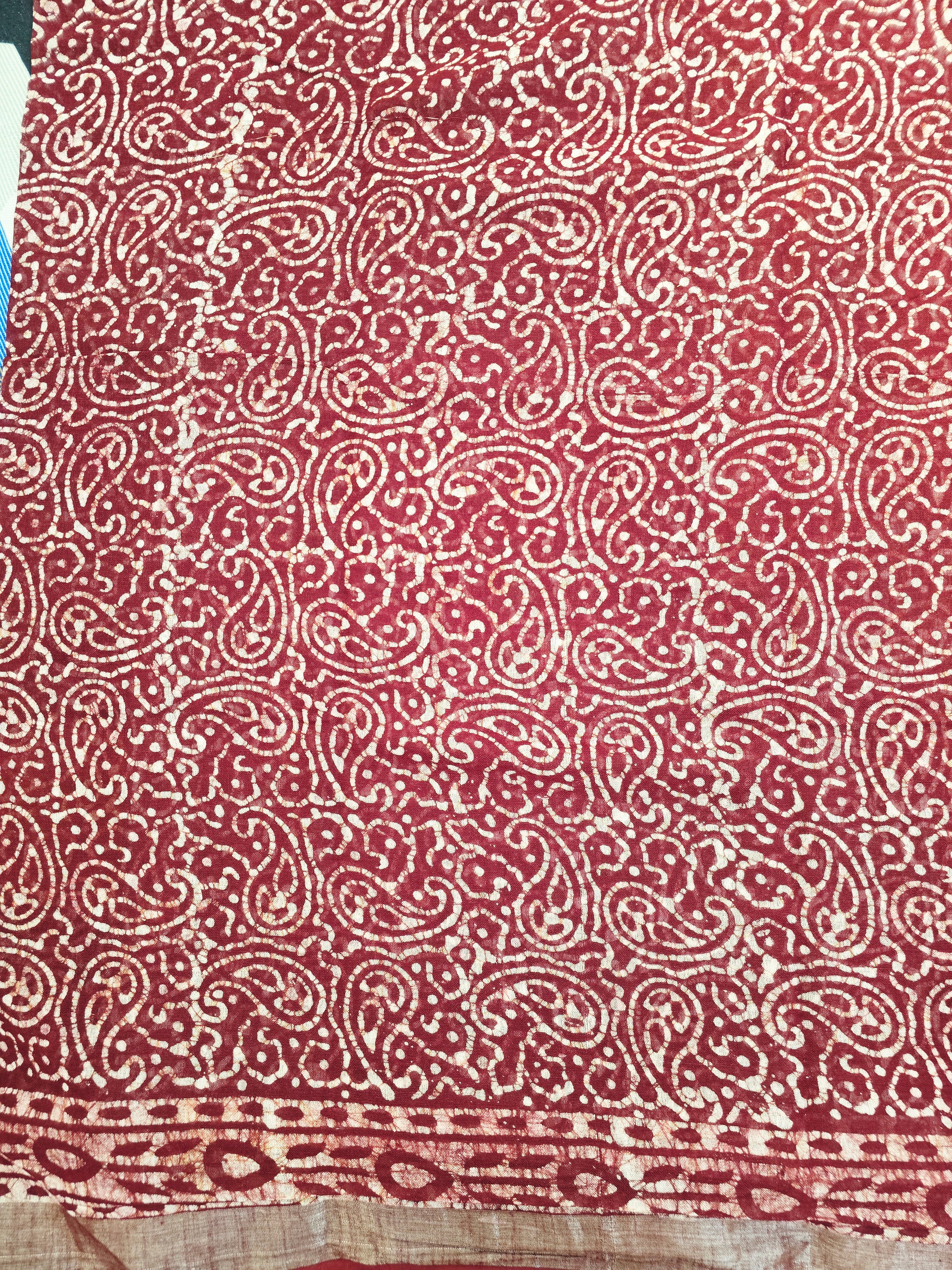 Handcrafted Linen Saree with Hand Block Hot Wax Batik - Maroon