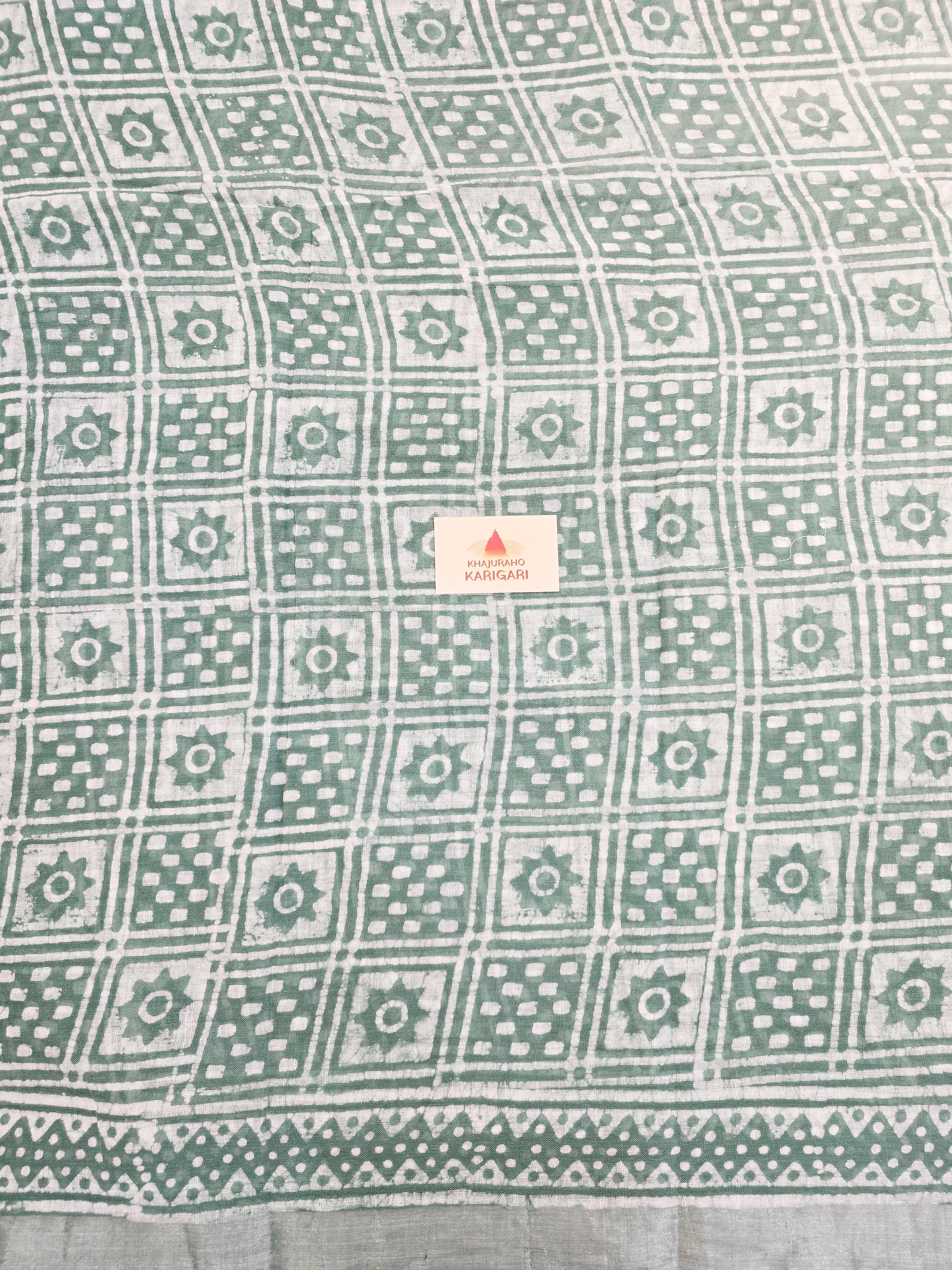 Handcrafted Linen Saree with Hand Block Hot Wax Batik - Sea Green