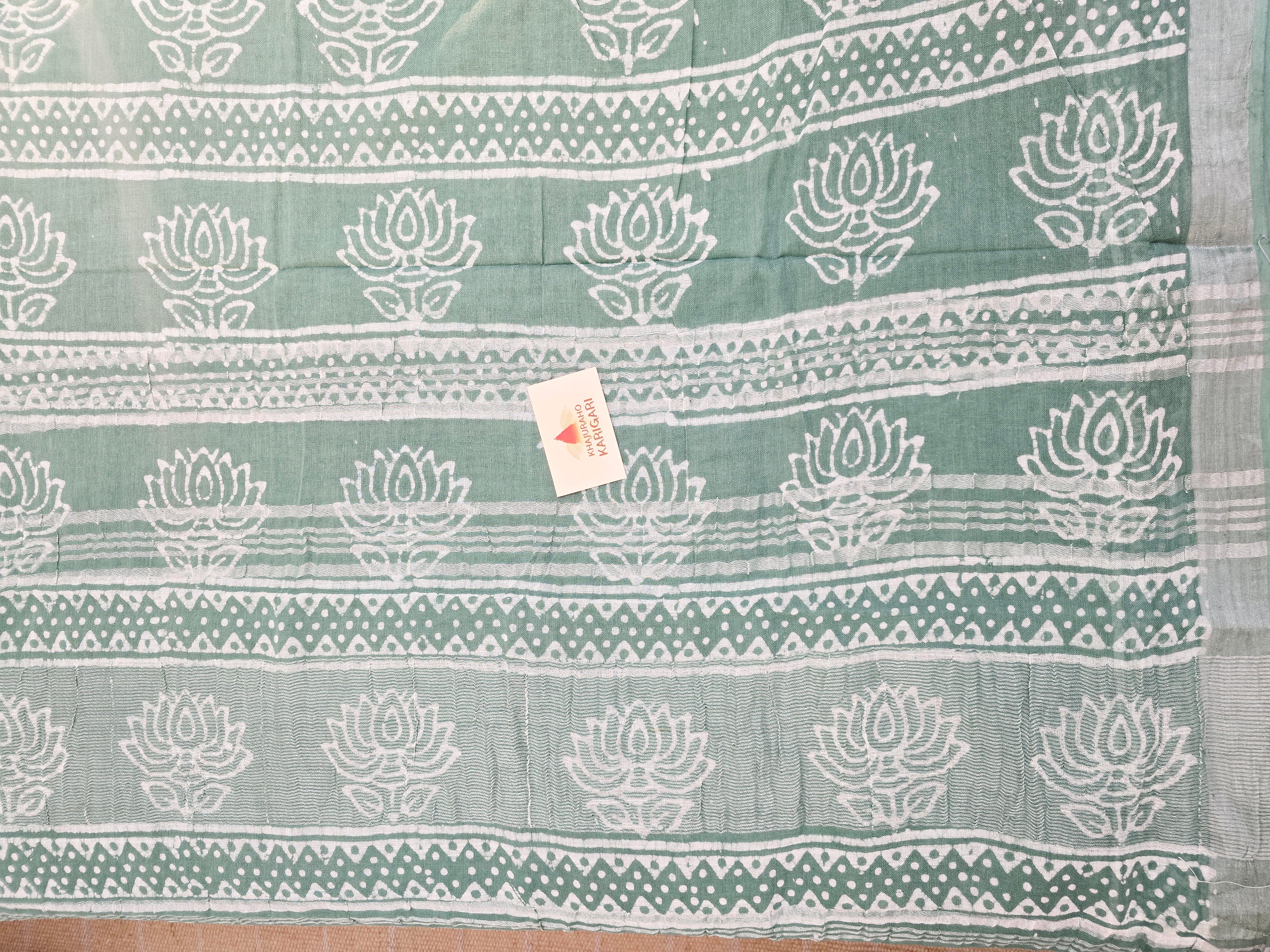 Handcrafted Linen Saree with Hand Block Hot Wax Batik - Sea Green