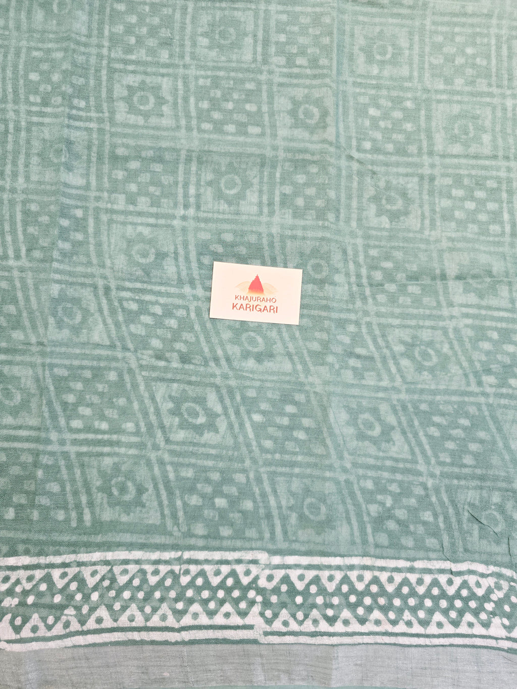 Handcrafted Linen Saree with Hand Block Hot Wax Batik - Sea Green
